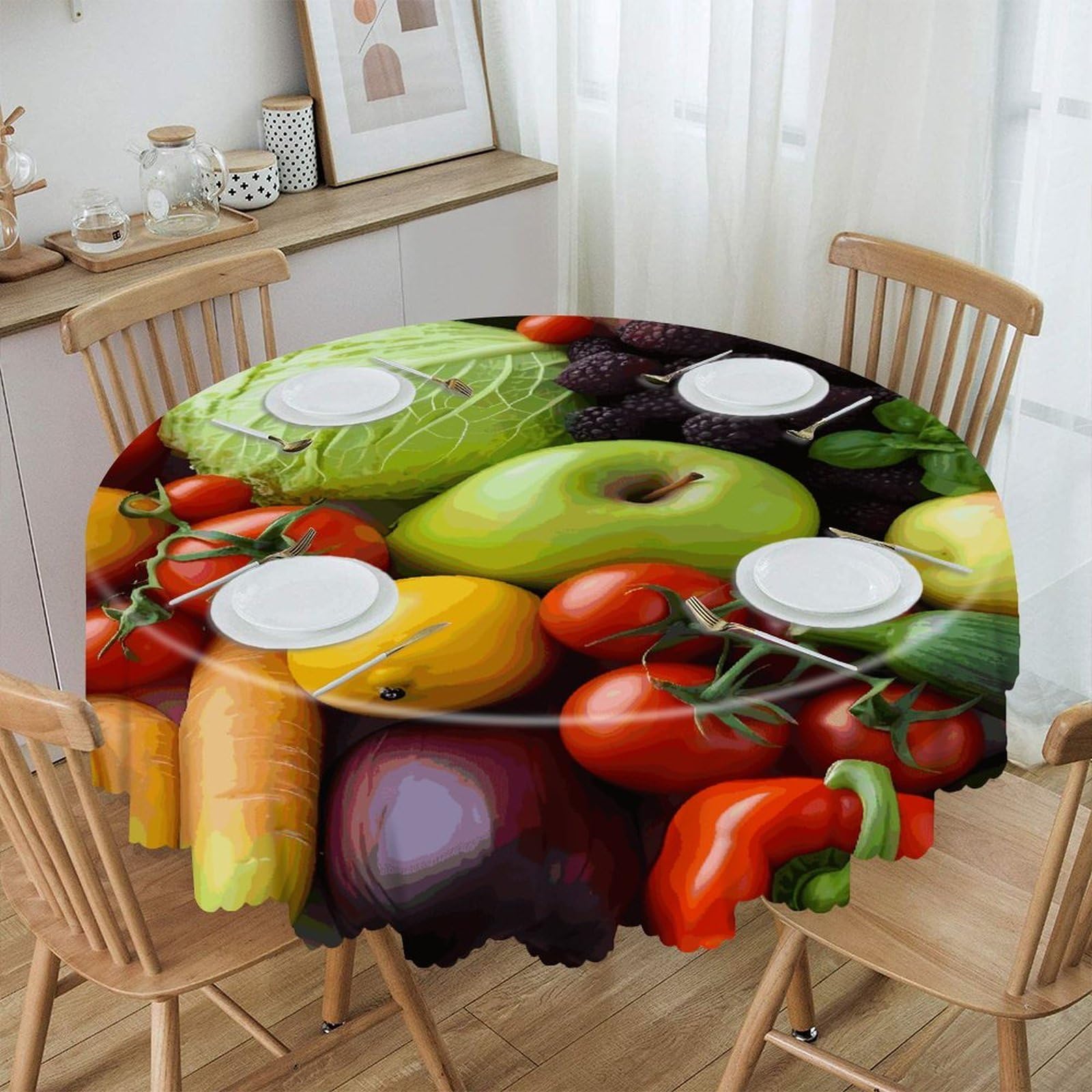 FekiLoot Fresh Fruits and Vegetables Round Tablecloths 60 Inch Resistant Washable Polyester Table Cloth Style Decorative Circle Fabric Table Cover for Dining Kitchen Party Farmhouse Outdoor