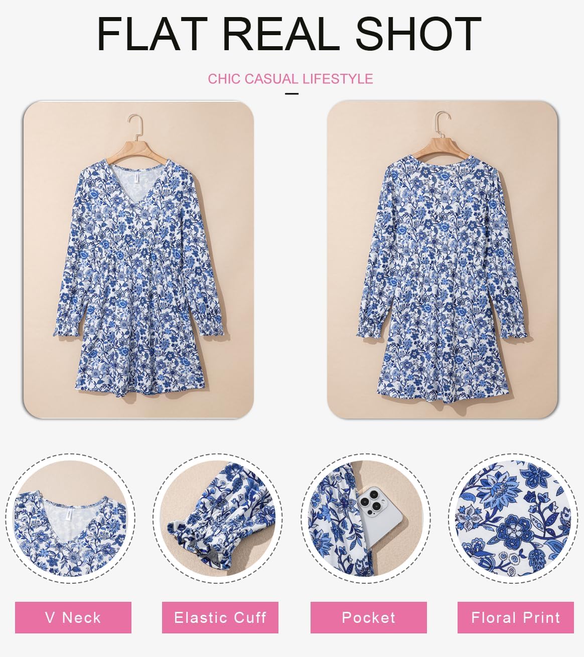 Dokotoo Fall Dresses for Women 2025 Casual V Neck Lantern Long Sleeve Floral Shirred High Waist A-Line Boho Dress - Image 4