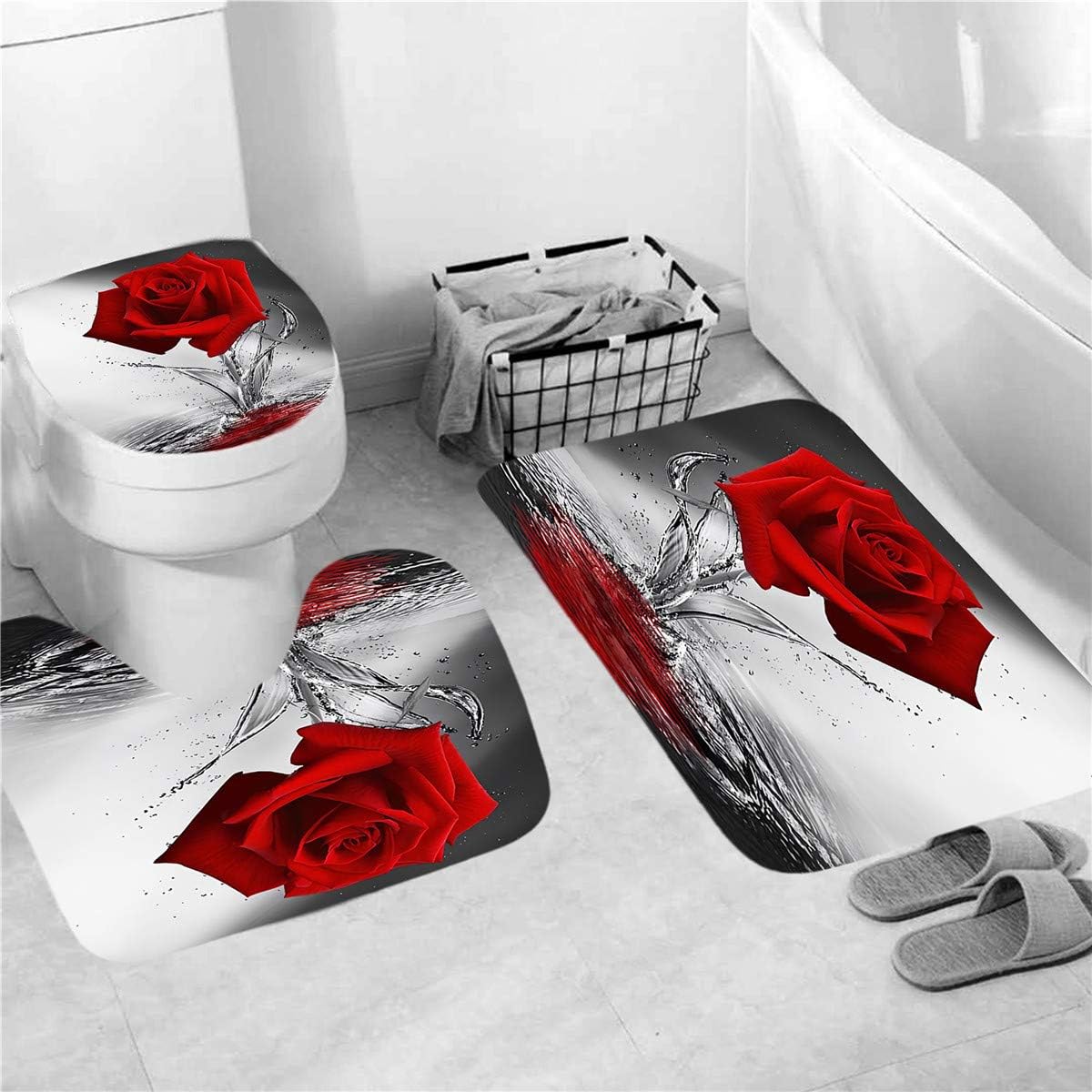 Red Rose Shower Curtain Sets with Non-Slip Rugs,Bath Mat,Toilet Lid Cover and 12 Hooks,Waterproof Polyester Modern Style Flower with Water Pattern Bath Sets Bathroom Decor 4Pcs