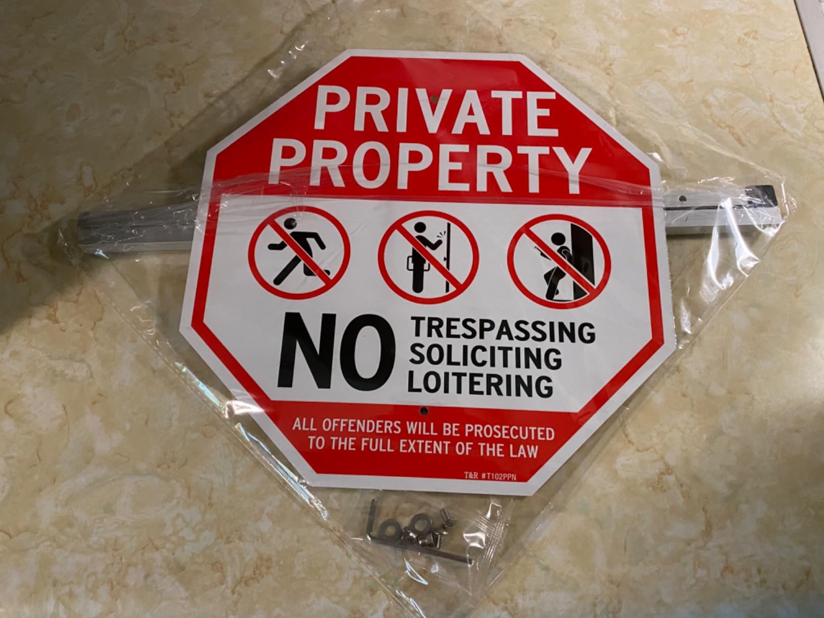 T&R Large Private Property No Trespassing Soliciting Loitering Sign with 36" Stake for Outside - 2 Pack - 12"x12" .040 Rust Free Heavy Aluminum, Includes Matching Screws & Wrench, Easy to Mount
