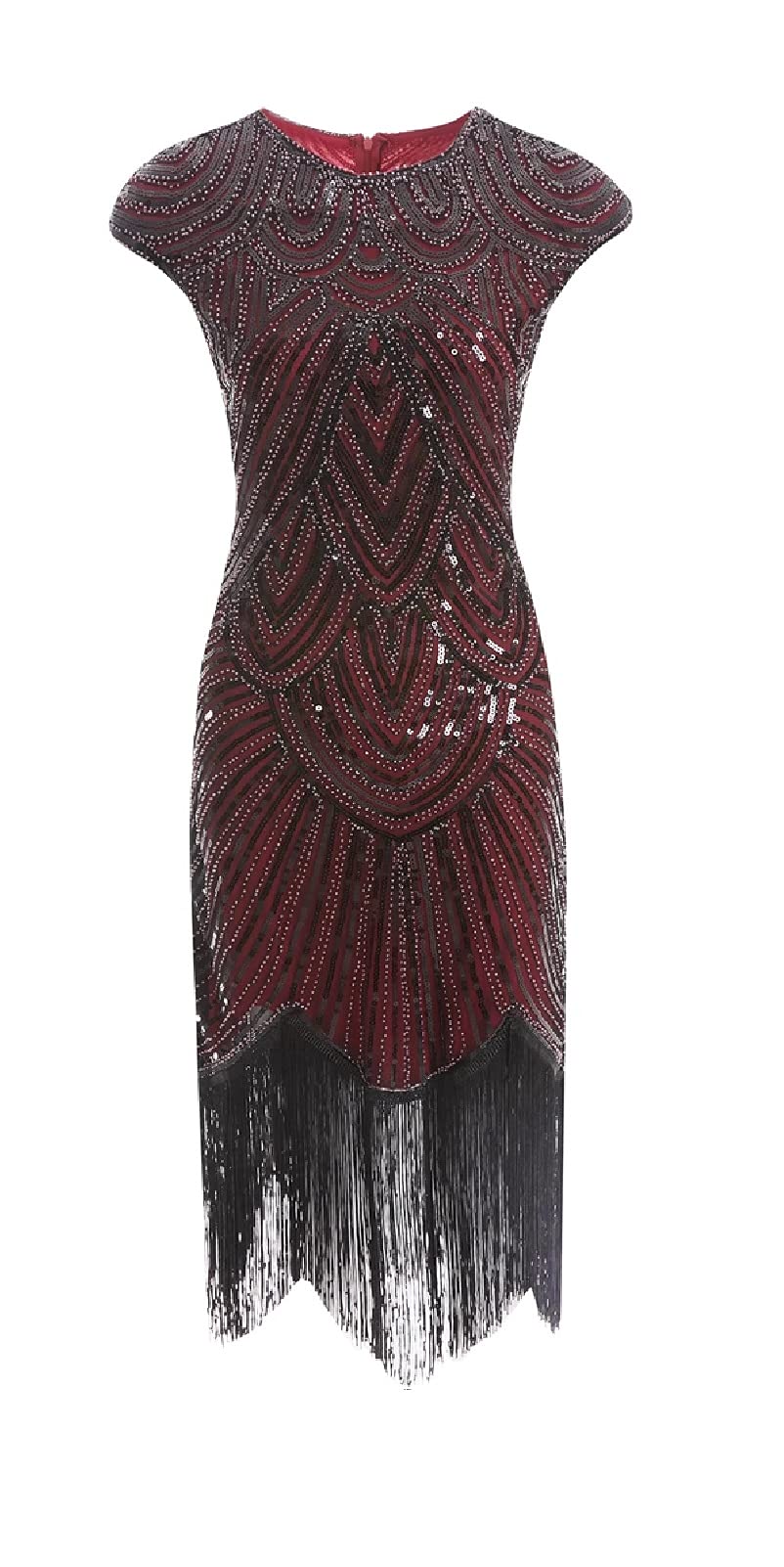 MIMIKRY 20er Jahre Charleston Pailletten Kleid Rot/Schwarz mit Fransen Flapper Damen-Kostüm