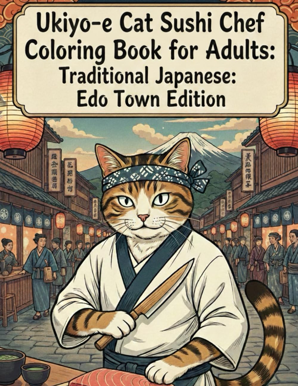 Ukiyo-e Cat Sushi Chef Coloring Book for Adults: Traditional Japanese Art Inspired by Edo Town Life