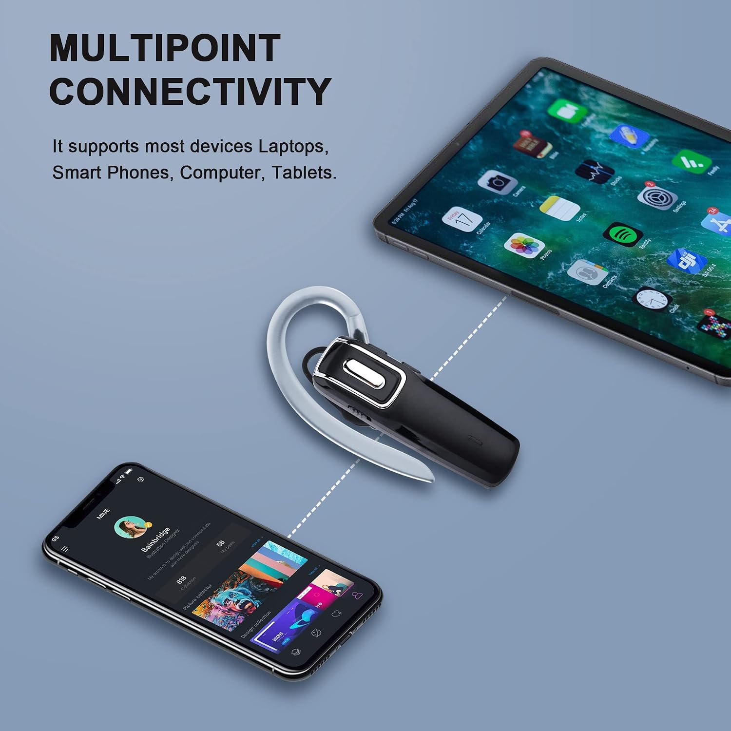 Gixxted Wireless Headset, V5.0 Wireless Handsfree Earpiece with Microphone 14 Hrs Driving Headset 360 Hours Standby Time for iPhone Android Samsung Laptop Trucker Driver