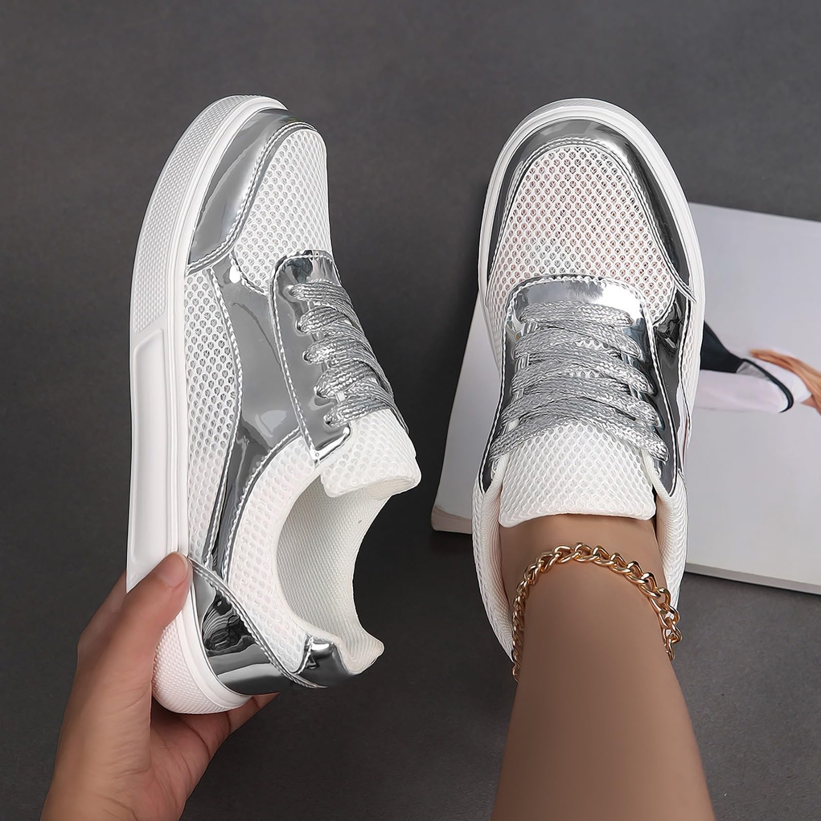 Generisch Sneaker da donna con plateau con lacci, alla moda, scintillanti, per feste, camminate, scarpe da corsa, traspiranti, per il tempo libero, per la corsa su strada