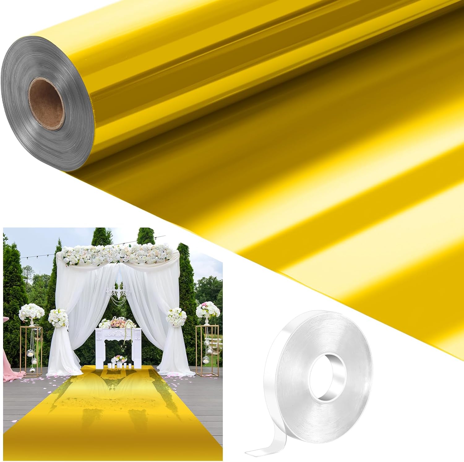 Tinideya 3.3 x 98.4 ft Mirror Rug Aisle Runner for Wedding Ceremony Double Sided Reflective Carpet Aisle Runner Walkway Rug Roll for Outdoor Birthday Graduation Party Decor(Gold)