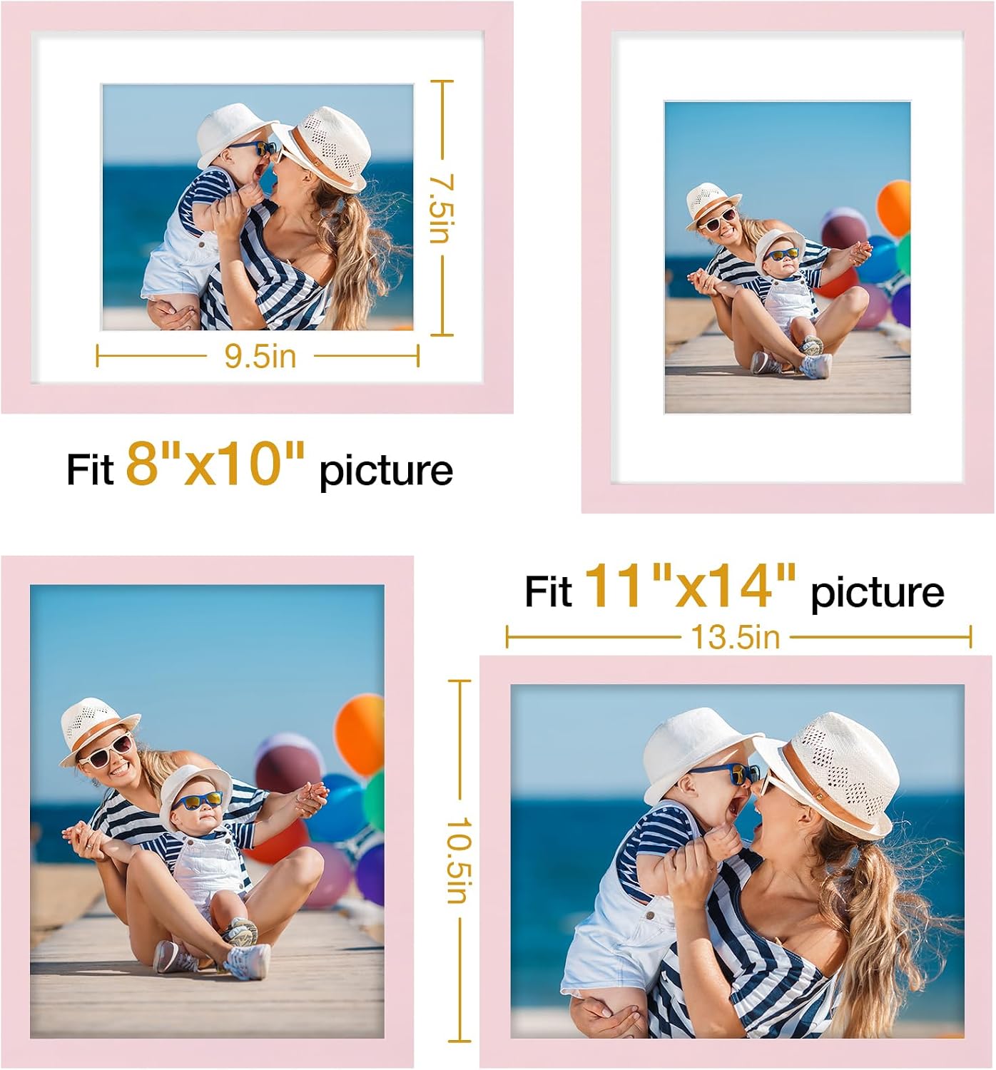 Vittanly 11x14 Picture Frame Set of 3, Display Pictures 8x10 with Mat or 11x14 without Mat for Wall Mounting, Photo Frames for Home Decor, Engineered Wood, Pale Pink