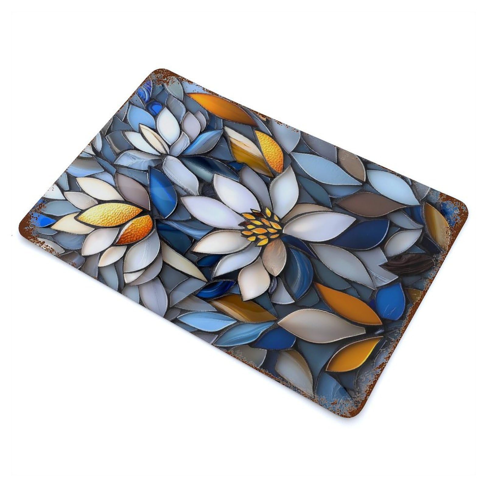 Retro Metal Sign with Stained Glass Floral Mosaic Design 11.8"x7.9", for Pub, Kitchen And Man Cave Decor, Rustic Home Decor