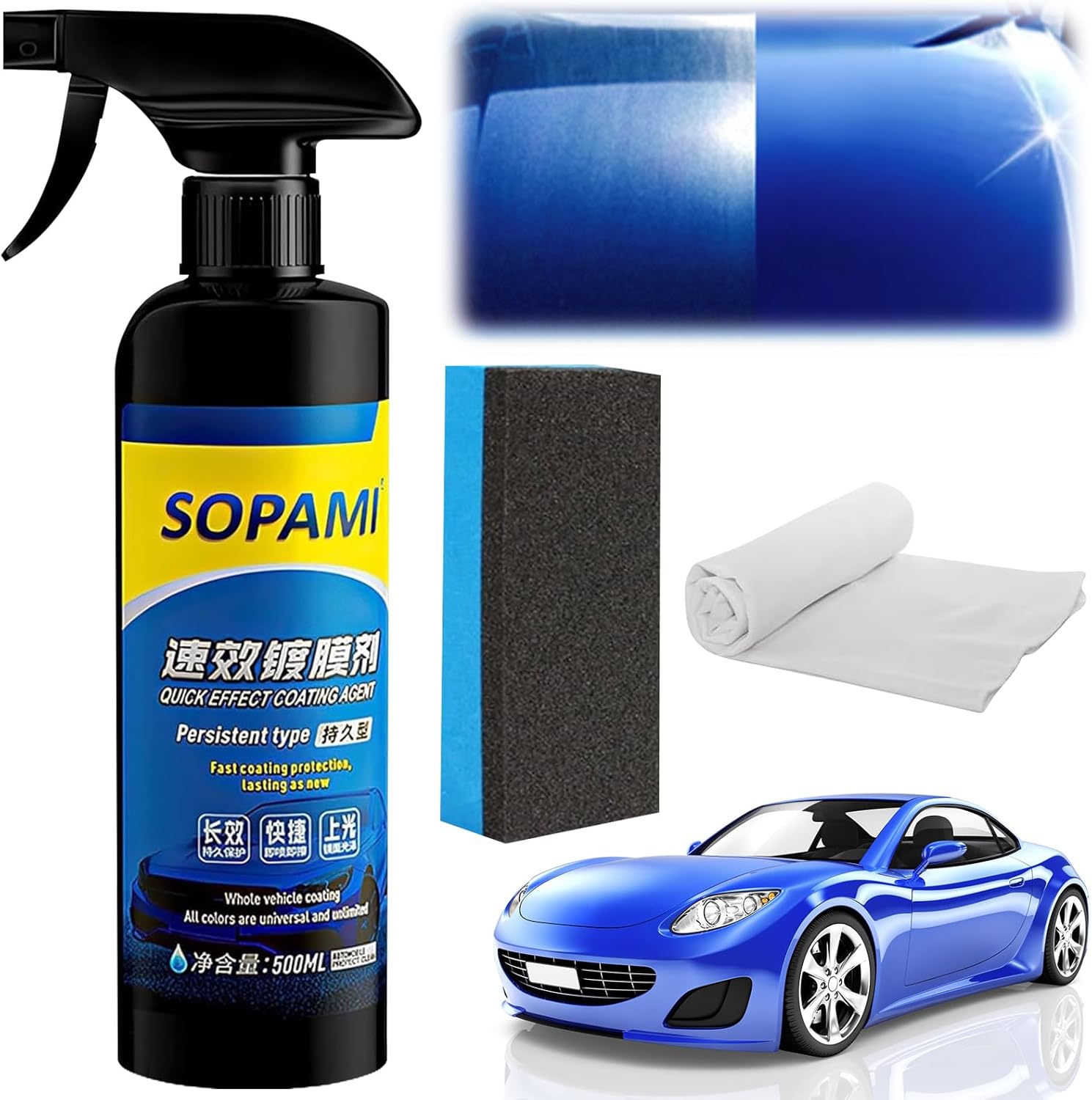 Sopami Car Coating Spray, 17.6 oz Quick Effect Coating Agent, Oil Film Emulsion Glass Cleaner, Polish Spray Waterless Wash Wax, Spray Wax Polish for Car Scratches(1PC+Sponge+Cloth) 17.6 Fl Oz (Pack of 1) 17.6