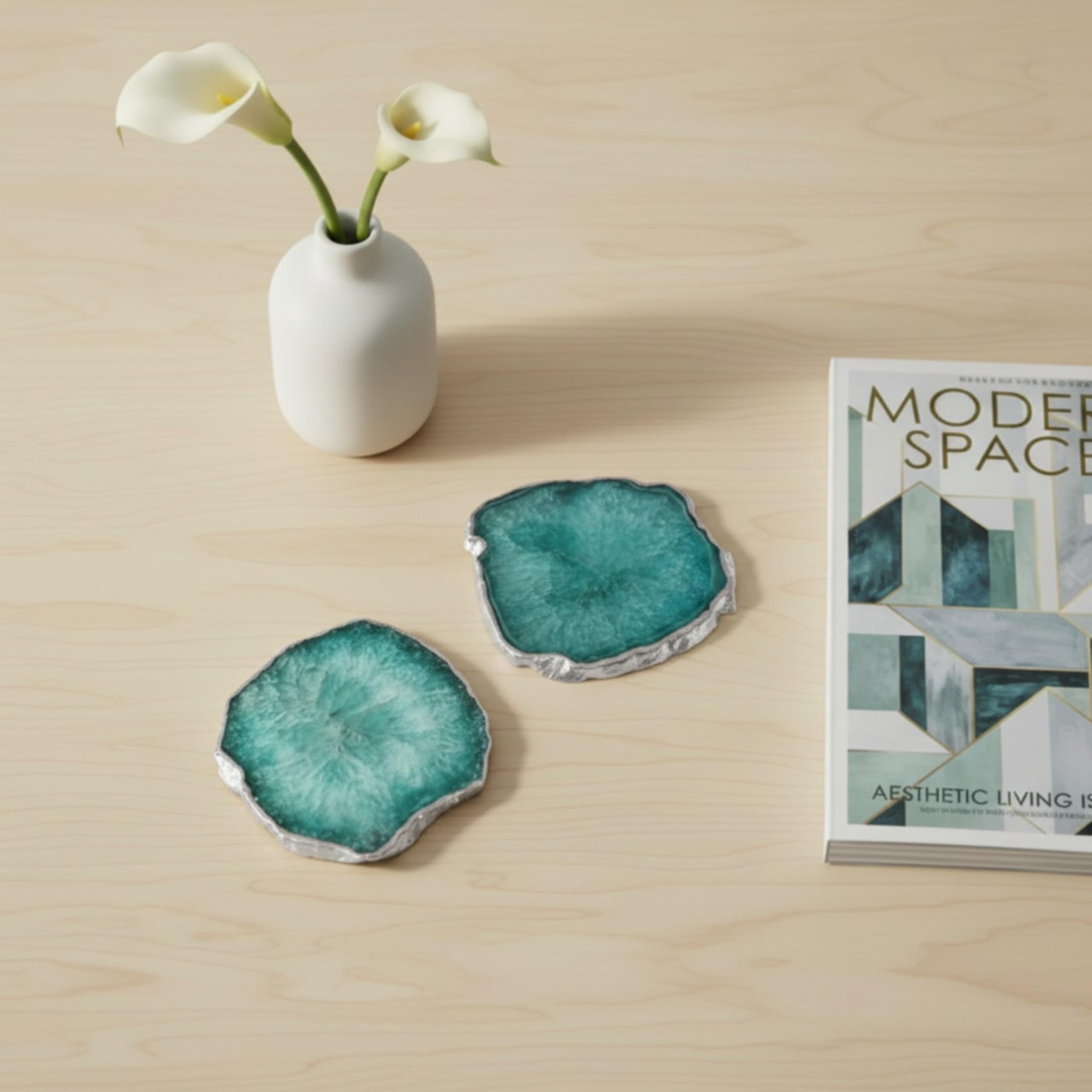HOMEARTE INDIA Crystal Green Agate Stone Coasters | Silver Plated | Handmade Table Coaster for Coffee, Tea, Beer, Hot Pots | Bar & Dining Table Décor | Set of 2 | Green-image-13