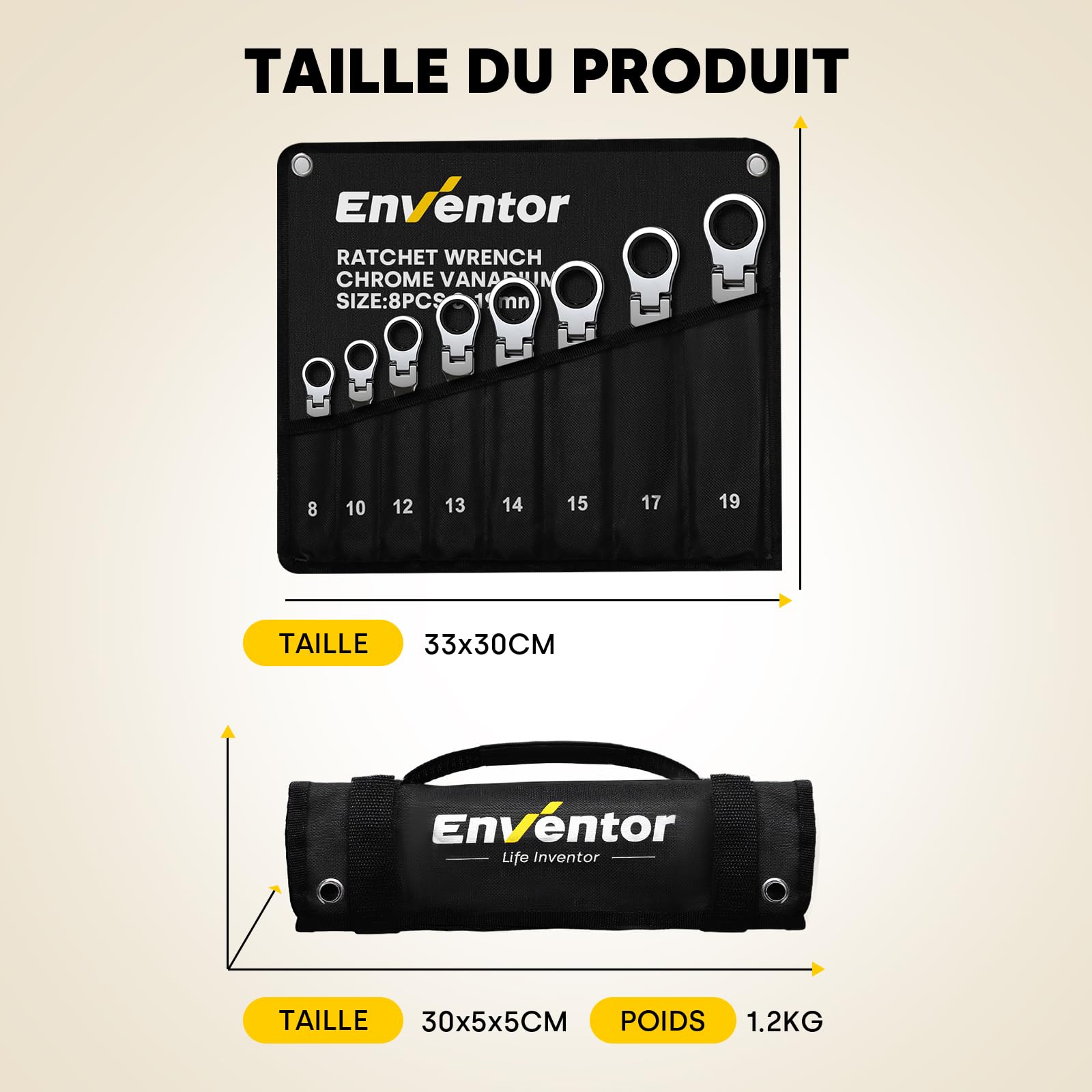 Enventor Jeu de 8Pcs Clé Plate à Cliquet, Tête flexible à 180°, 72 dents, Rangées dans une pochette de rangement, Acier au Chrome Vanadium, Métrique 8-19 mm, Pour réparations électriques