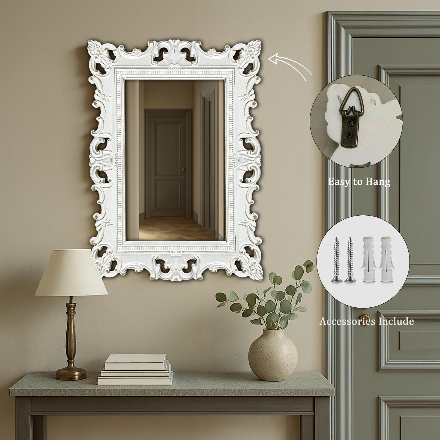 Vintage Baroque White Wall Mirror, Ornate 3D Embossed Carved Frame, Handcrafted European Style Decorative Mirror, Distressed Antique White Finish for Living Room Bedroom Hallway Bathroom Vanity