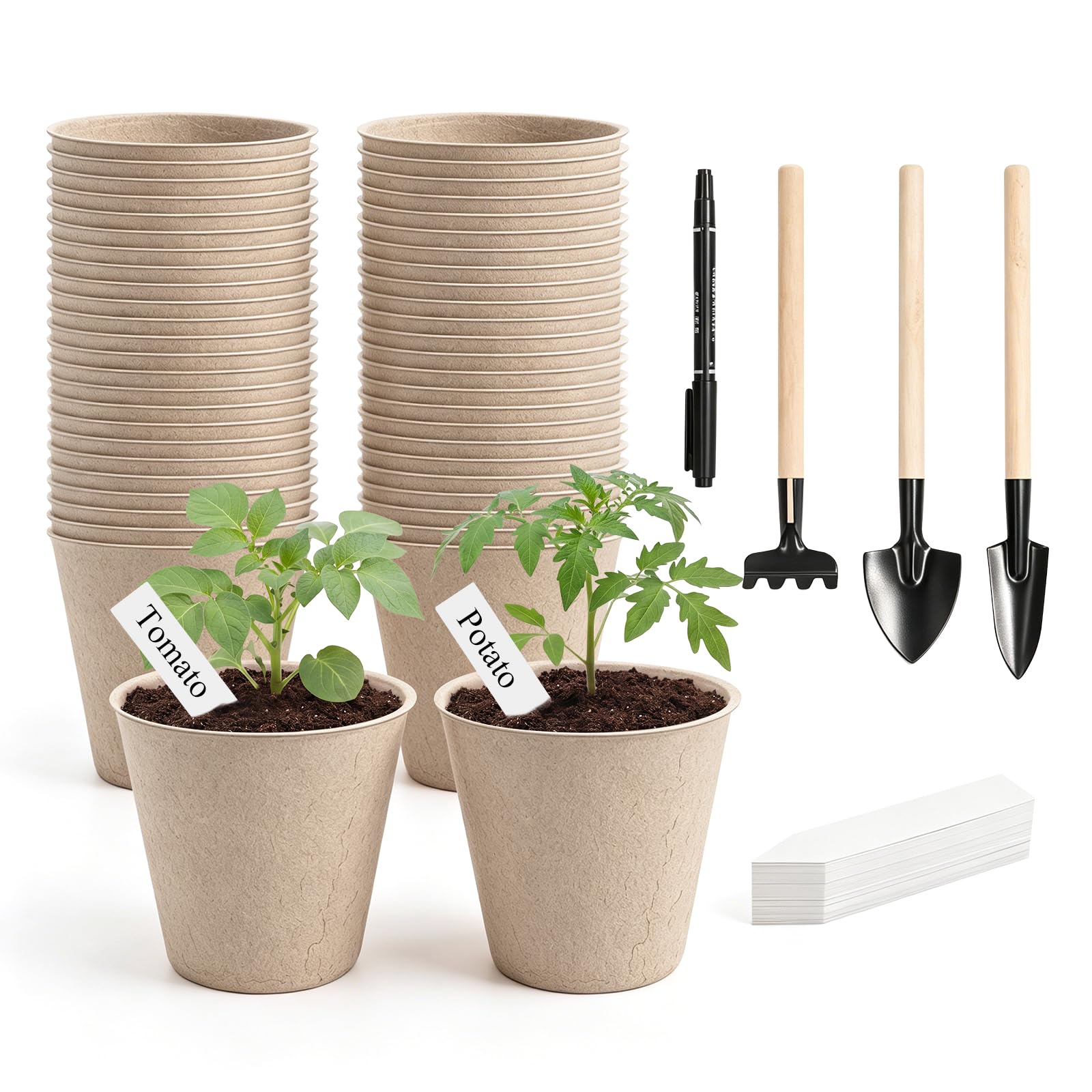 Seahelms 50-Pack Biodegradable Plant Pots, Compostable Plant Pots with 50 Pcs Plant Labels and Transplanting Widger, Seedling Pots for Flower Saplings, Vegetable Saplings & Herb Seed Germination