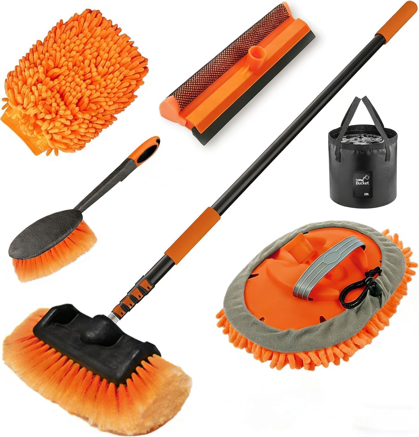 SISUPASSIE 6 m cepillo de lavado de coche con mango telescópico, cepillo de lavado con cerdas suaves, limpiacristales, fregona de microfibra, cepillo para llantas, guante de lavado para camiones