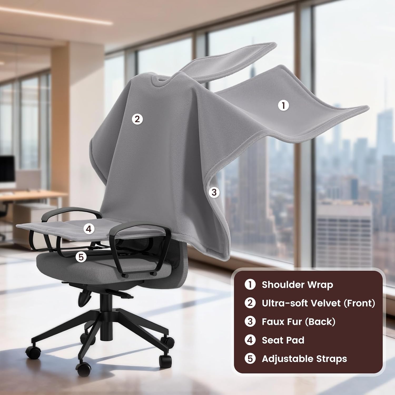 Cozy Bliss Office Chair Blanket, Faux Fur Office Blanket – Work from Home Gifts & Practical Gifts for Cold People, Stay Warm with Chair Wrap Attaches, Black