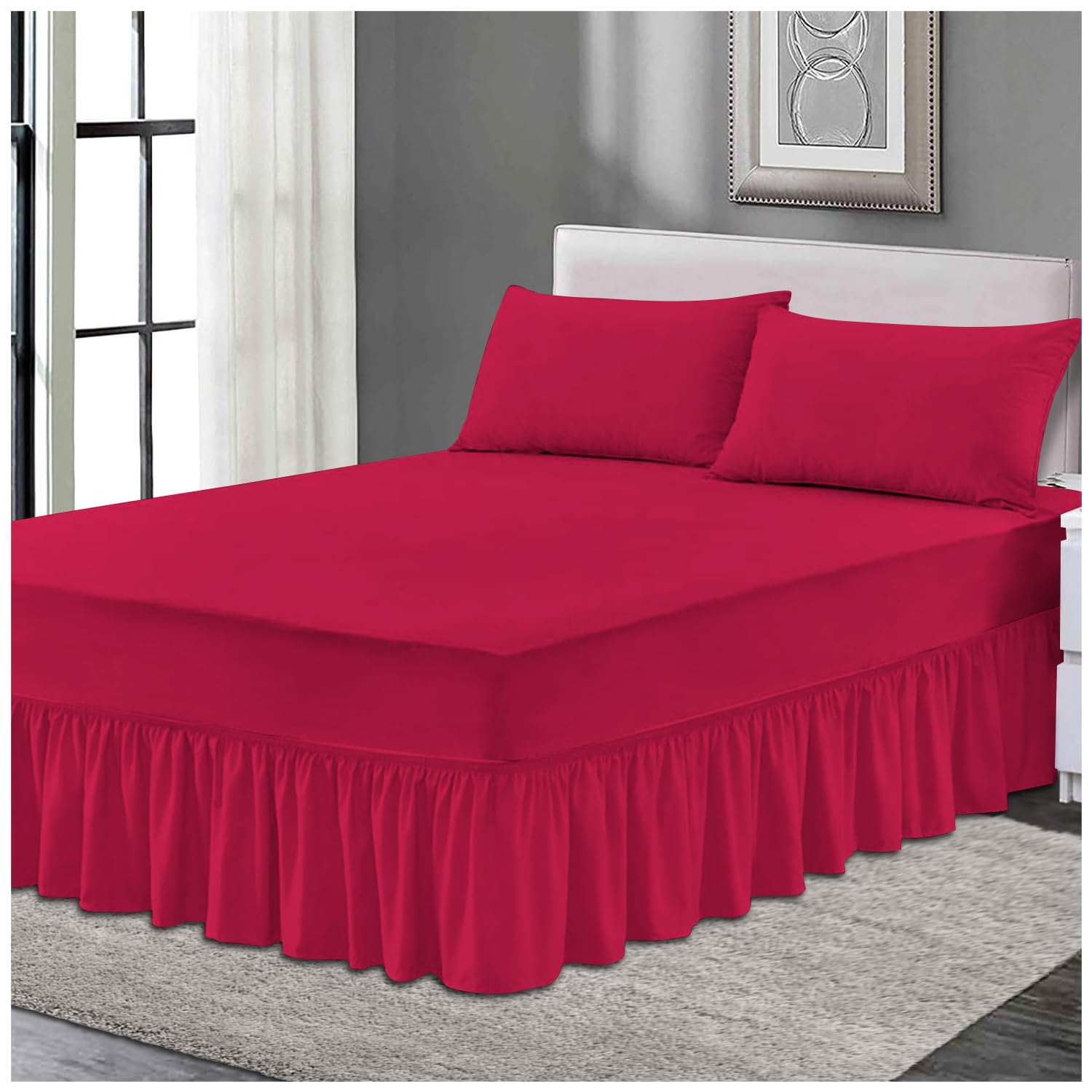 Fitted Valance sheet, Wrinkle Free Bedding Sheets, Breathable Single Bedsheet, Non Iron Frilled Fitted Valance Sheet, Red โ image 1