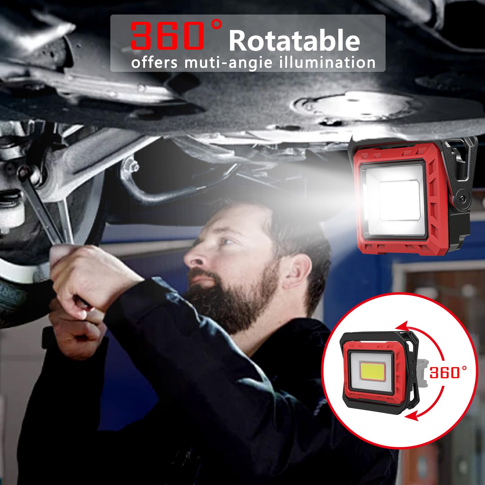 Lampe LED de travail, 2000 lumens, super lumineuse, inspection batterie, pied magnétique rotation 360°, garage atelier (1 Pièce)