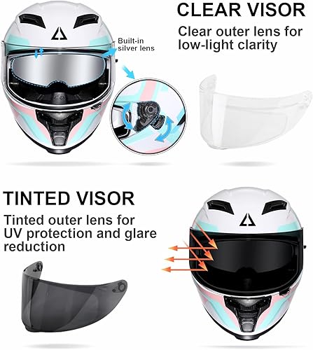 Miniatura 3 de TRIANGLE Cascos de motocicleta de cara completa para adultos, hombres y mujeres, con visera doble y protector solar interno, aprobado por DOT