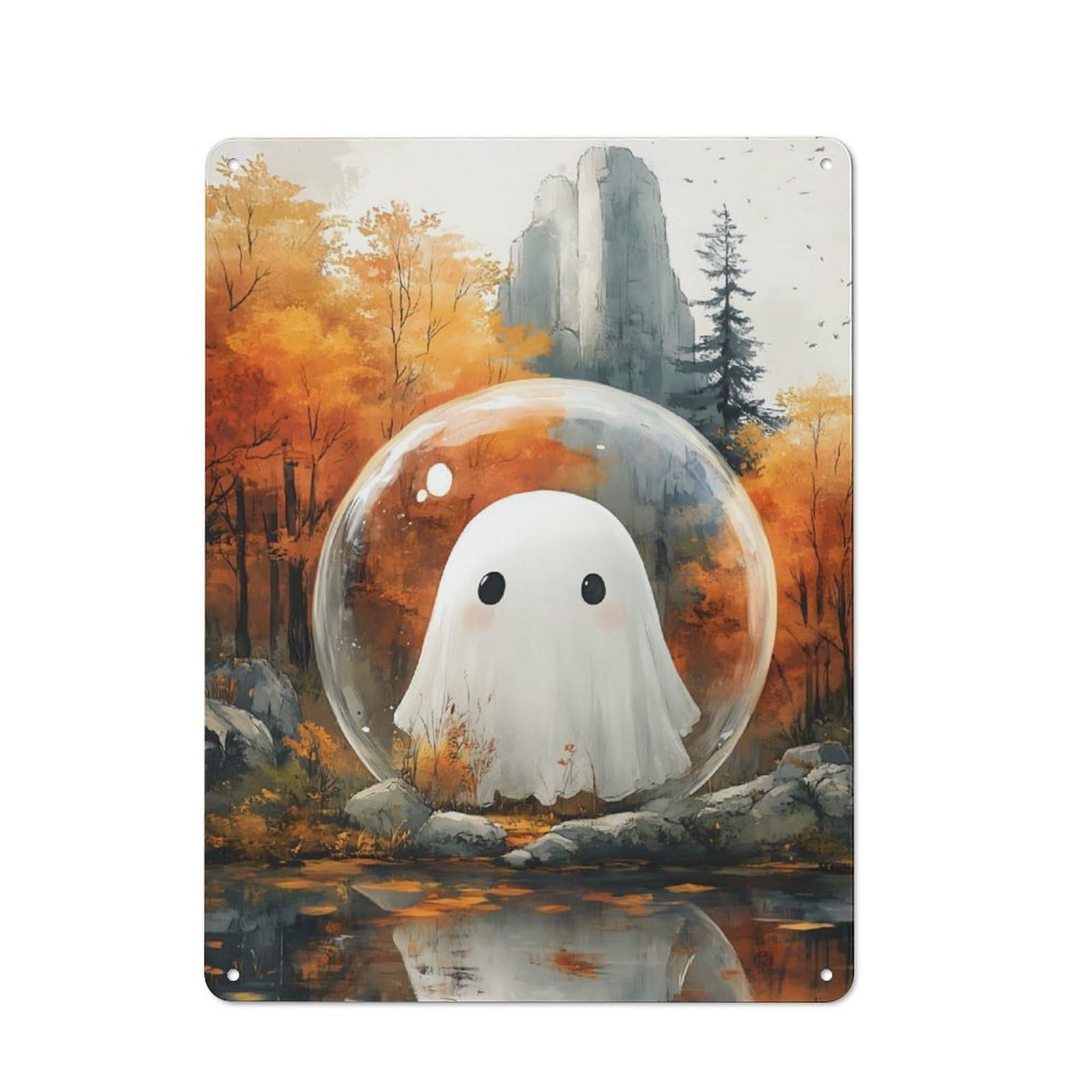 Junmoney Ghost In Autumn Forest Metal Wall Sign 40X30cm Featuring For Garage Or Workshop, For Garage, Workshop And Man Cave Decoration