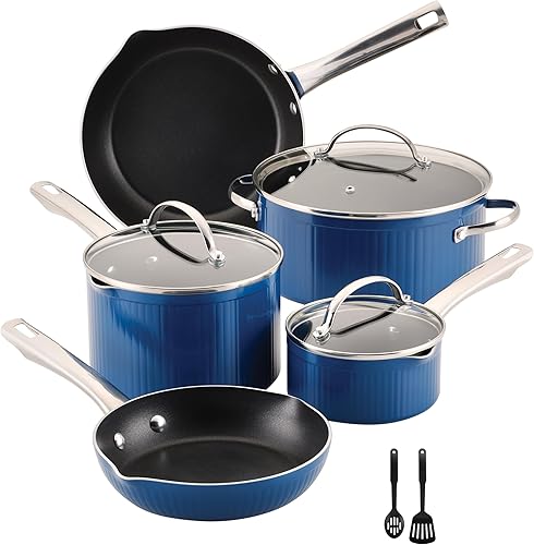 Farberware Style - Juego de ollas y sartenes antiadherentes con utensilios de cocina, aptos para lavavajillas, 10 piezas, color azul
