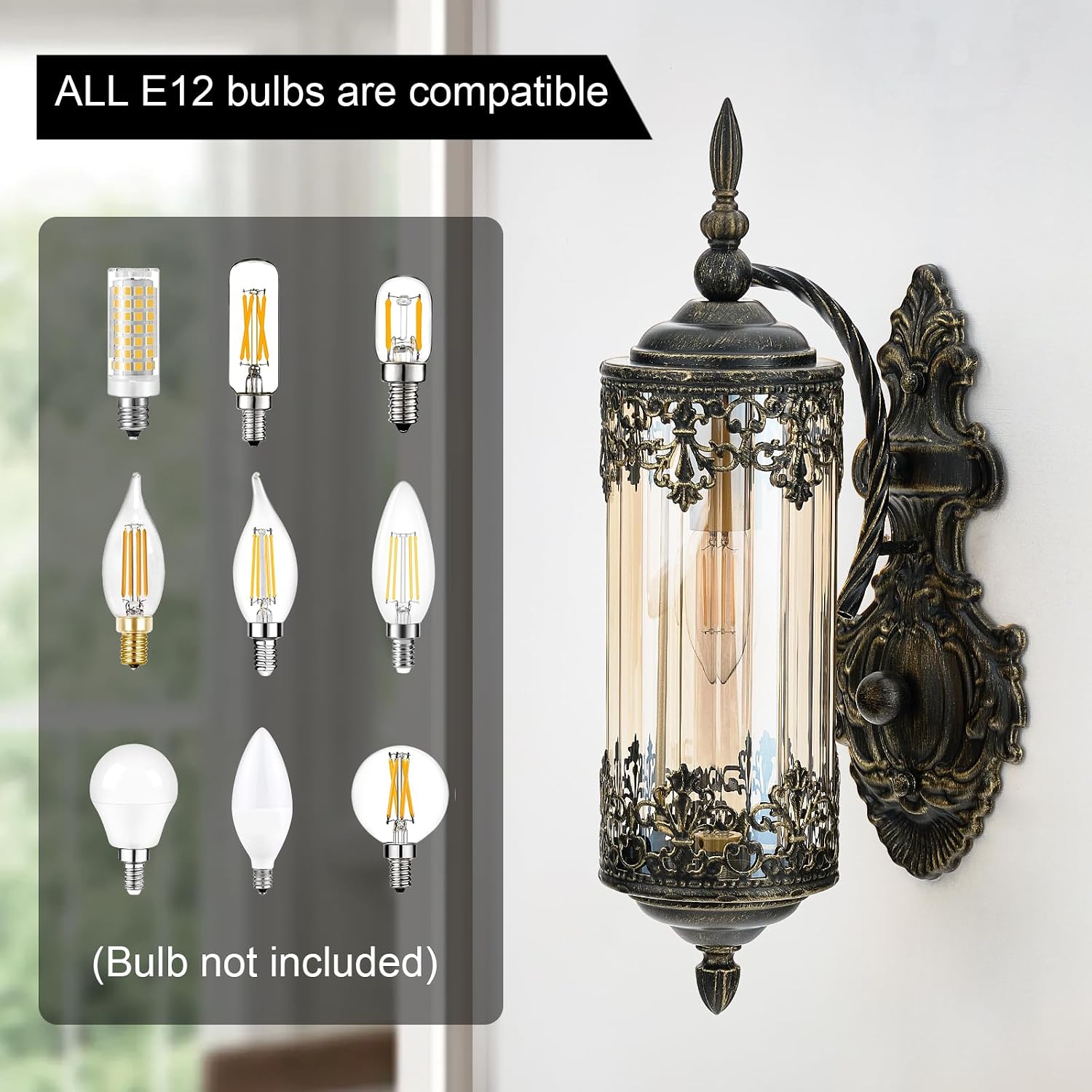 Rustic Wall Sconce with Amber Glass Exterior Waterproof Wall Lantern Light Fixture Vintage Antique Gothic Outdoor Wall Light for Gate, Patio, Garden