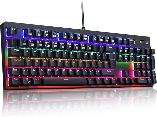 BLOOTH Mechanical Gaming Keyboard LED Backlit 105 Keys UK Layout Rollover, Blue Switches Keys with 6 LED Color Modes, 8 Preset Lighting Effects, USB Wired for PC Gamers