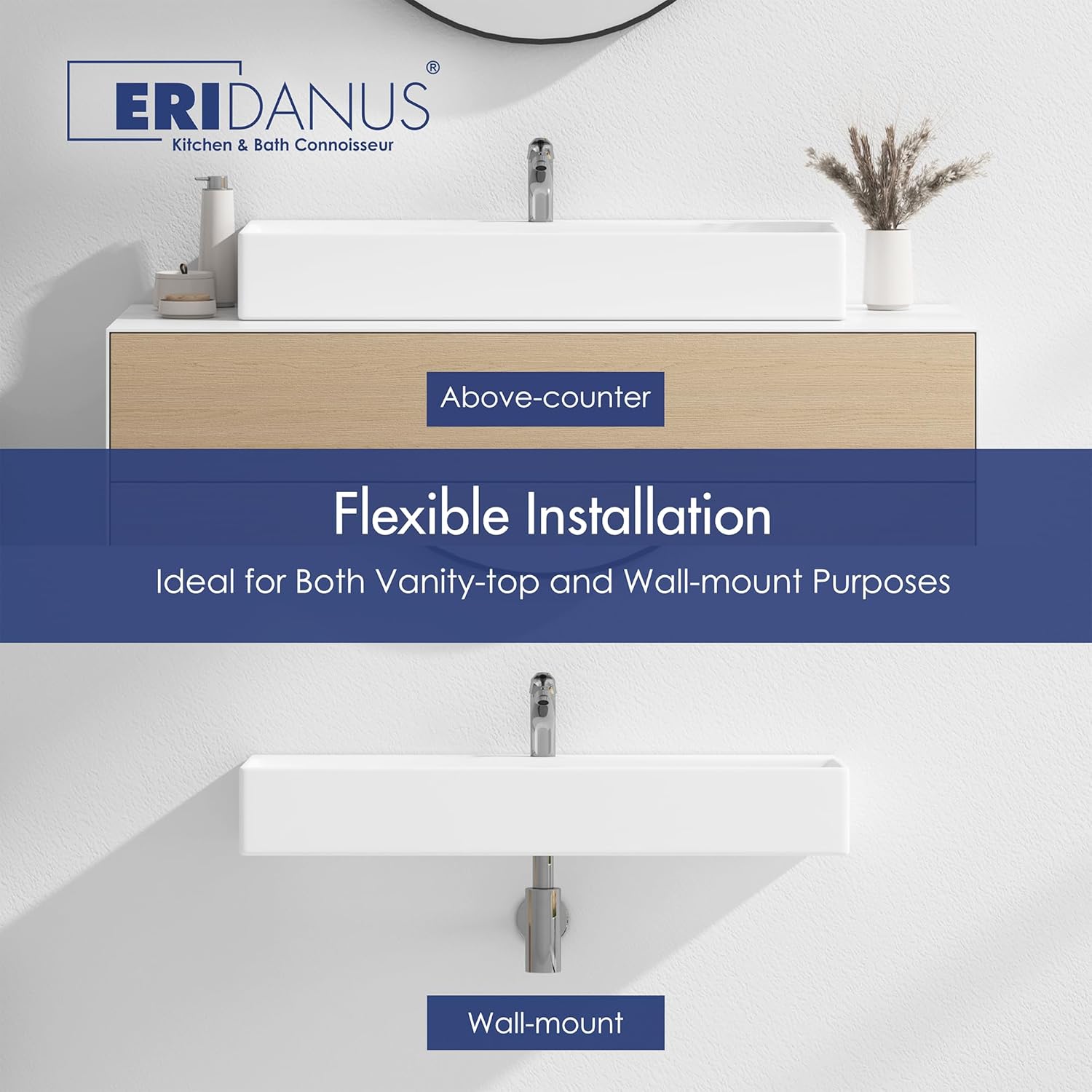 Eridanus Bathroom Sink Rectangle 40" x 16", Vitreous China Ceramic Vessel Sink, Countertop & Wall Mount, Modern Porcelain Vanity Floating Sink Art Basin Trough with Overflow, Glossy White