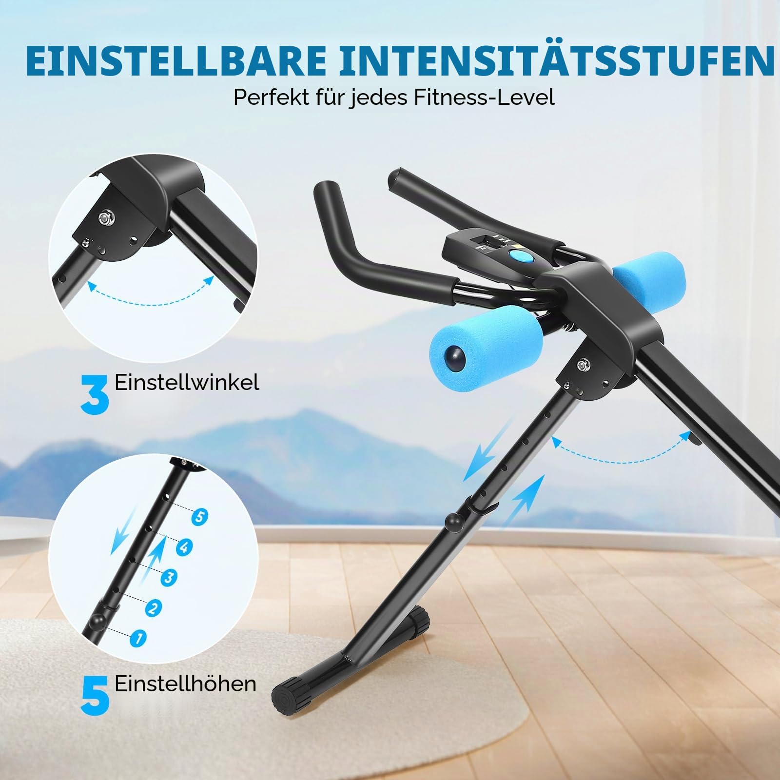 Bauchmuskeltrainer für Zuhause, 3 Einstellbare Winkel & 5 Höheneinstellungen/150kg Belastbarkeit, Ausgestattet mit LCD-Bildschirm, Multifunktionales Ganzkörper-Trainingsgerät