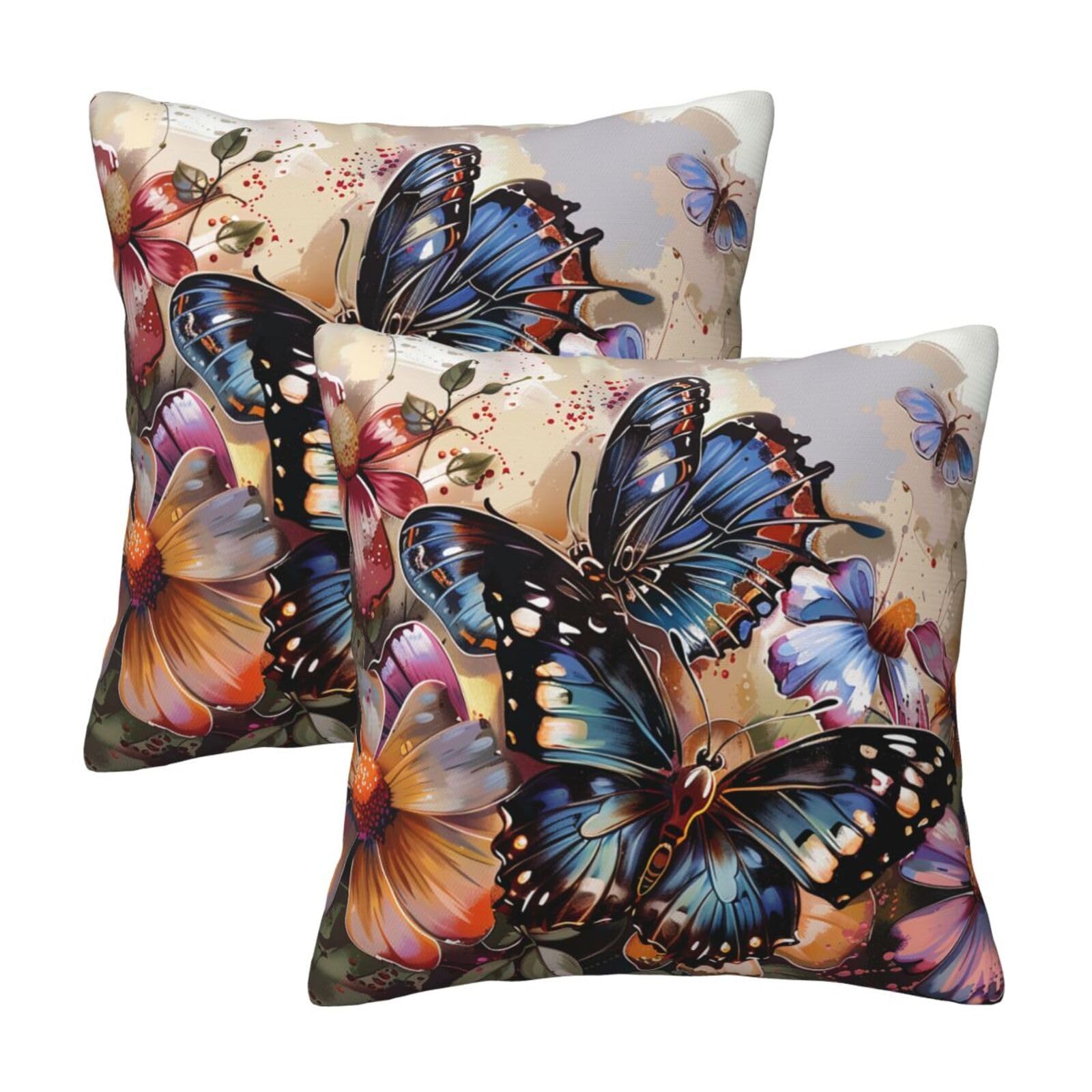 kkvhhyuo Butterfly flowers Print Pillow Covers Set of 2, Square Decorative Cushion Covers with Hidden Zipper, Throw Pillow Cases for Living Room Sofa Bed Chair, 45x45 cm