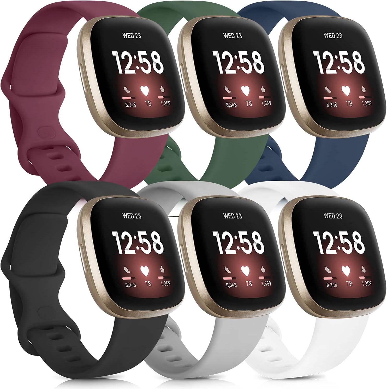 6 Pack Sport Bands Compatible with Fitbit Versa 3 Bands/Fitbit Sense Bands, Classic Soft Silicone Replacement Wristbands for Fitbit Versa 3 Smart Watch Women Men (Small, 6 Pack C)