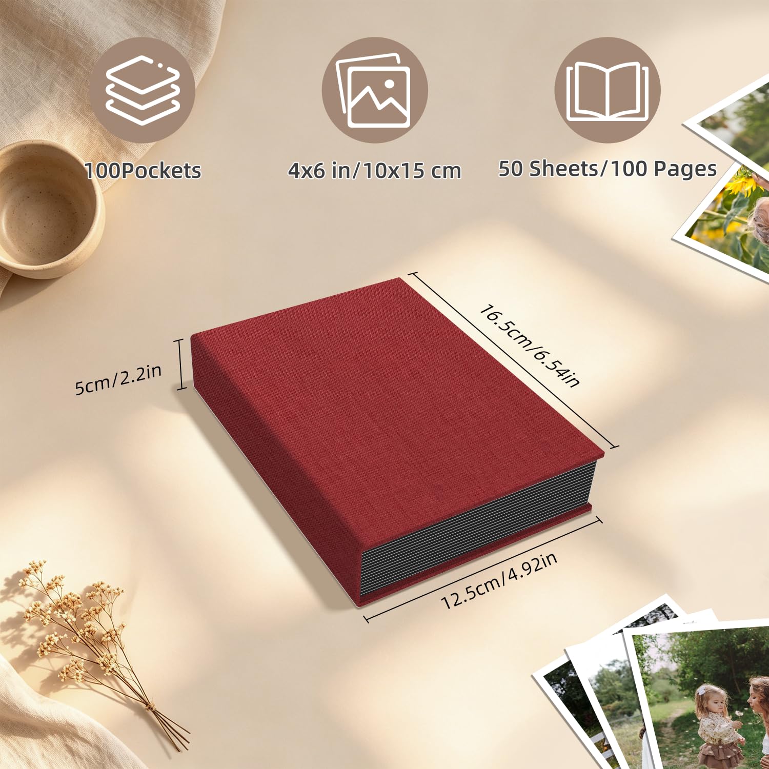 Popotop Álbum de fotos de 4 x 6 pulgadas, 100 bolsillos para regalos de boda, álbumes de fotos de tapa dura de lino para aniversario familiar, fotos de bebé y vacaciones
