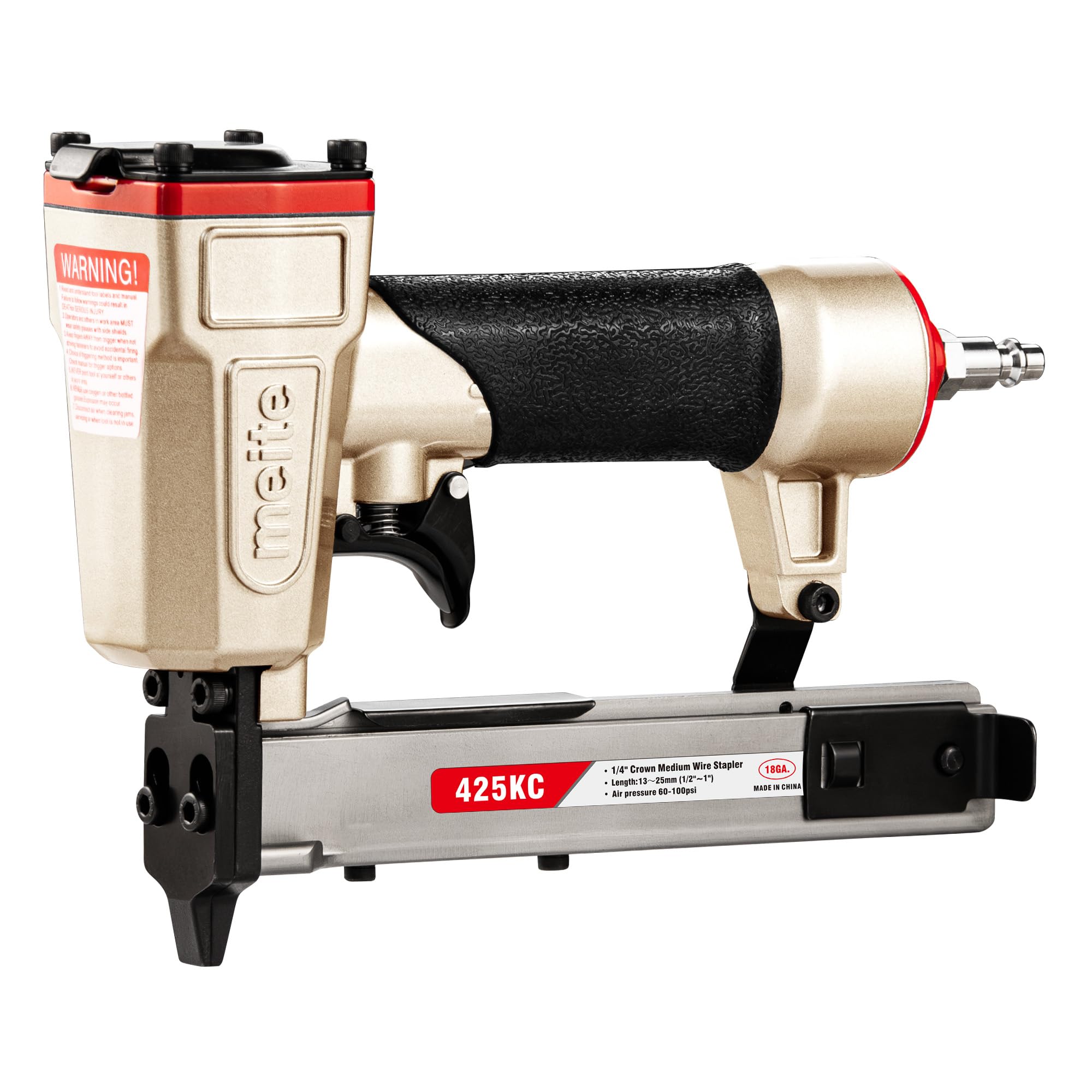 meite Agrafeuse pneumatique de calibre 18, couronne étroite de 6,35 mm, s'adapte aux agrafes de 1,27 cm à 2,5 cm, déclencheur de sécurité, pour bois, meubles, tissu, cuir, bricolage et projets