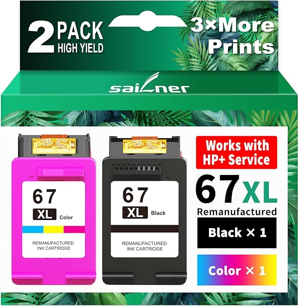 SAILNER 67XL Ink Cartridges Black/Color Combo Pack Replacement for HP Ink 67 HP67XL (2-Pack High Yield) Compatible with