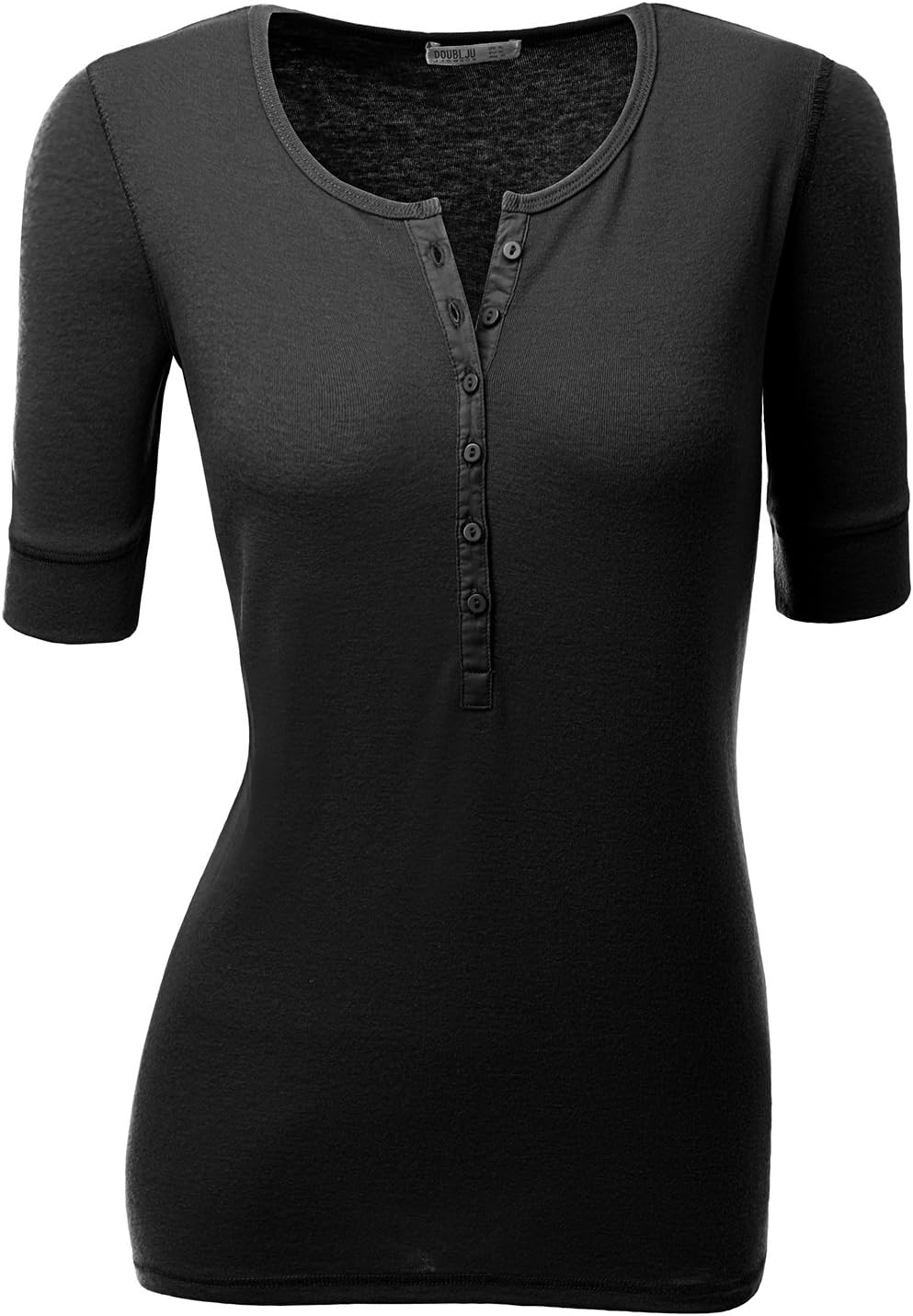 Doublju Casual Short Sleeve Fitted Henley T-Shirts for Women with Plus Size Black Medium