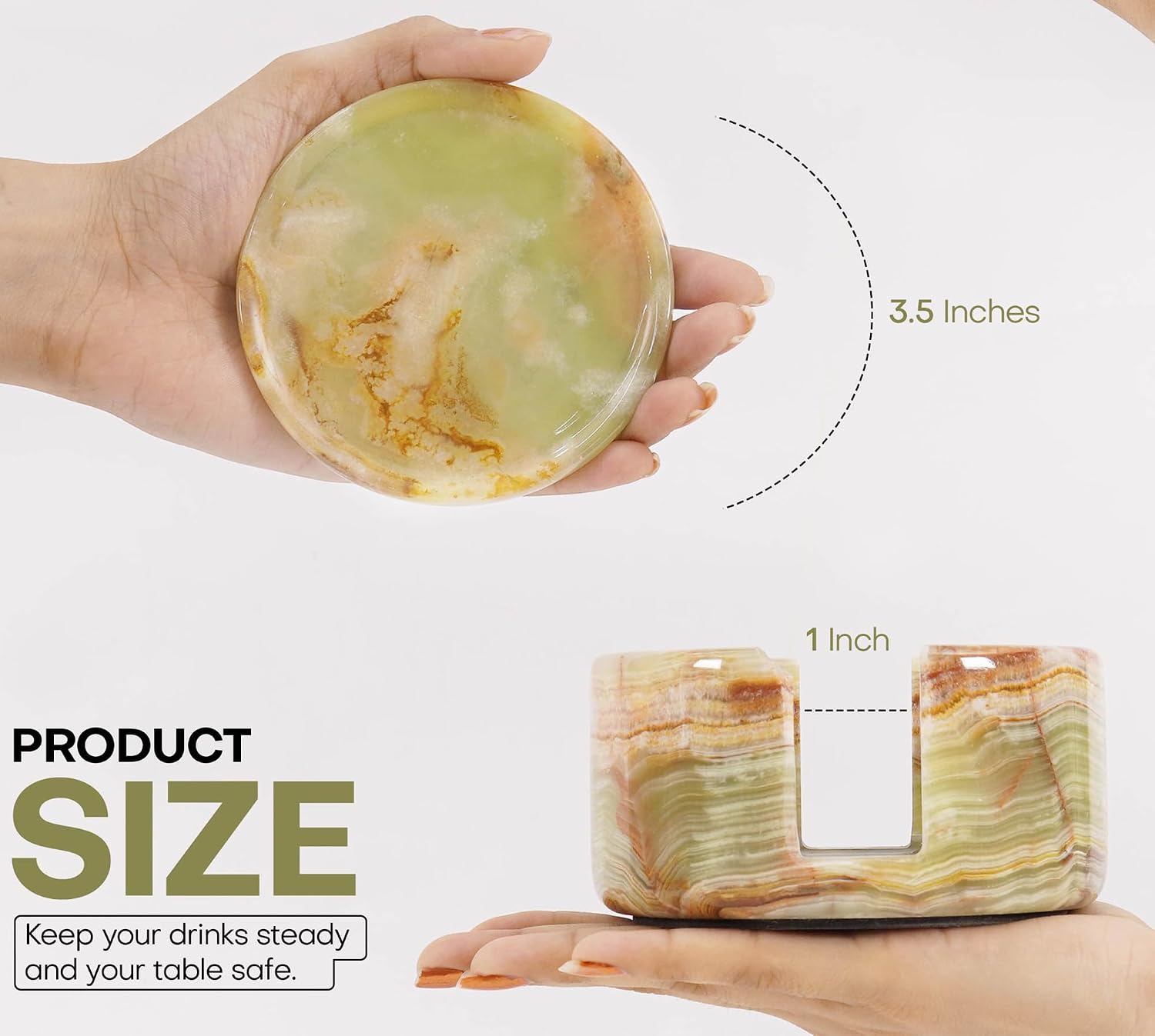Radicaln Green Onyx Marble Coasters Set of 4 Handmade 3.5" Inch Round Coasters for Drinks, Coaster Set with Holder for Dining Tables