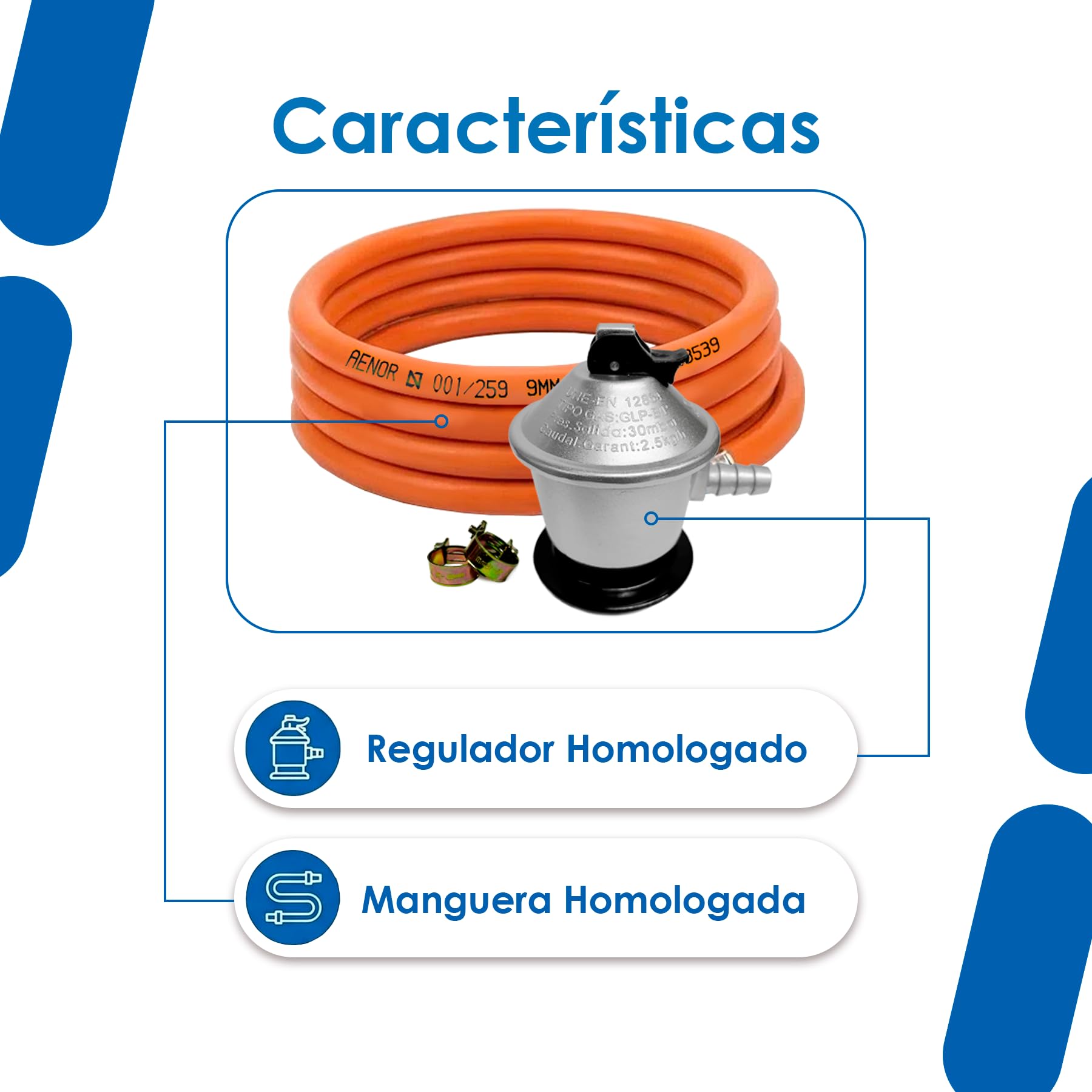 Kit Regulador Gas Butano 30 mbar Homologado + Manguera 1,5 m / 3 m / 5 m y Abrazaderas – Regulador para Bombonas de Gas en Cocinas, Camping, Hornillos, Barbacoas y Paelleros (DOBLE XXL - 3,0 m) — view 5