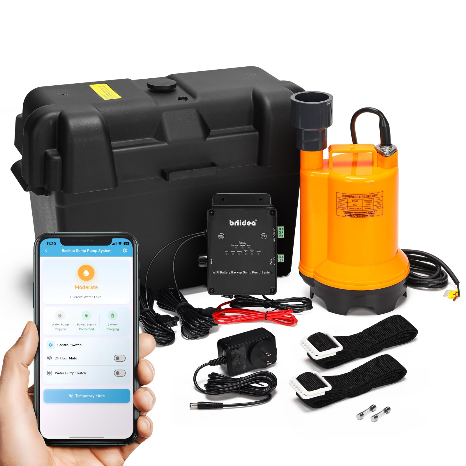 Photo 1 of Briidea Battery Backup Sump Pump System for Basement, 12V Battery Compatible (Battery Not Included), Dual 2.4G/5G WiFi Monitoring, Electronic Water Level Sensor, Smart Alarm System