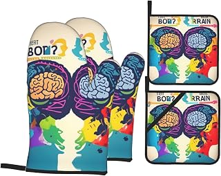 Left and Right Brain Advantage Printing 4 Piece Heat Resistant Oven Mitts Set,Kitchen Pot Holders Hot Pads for Grilling Cooking Gift