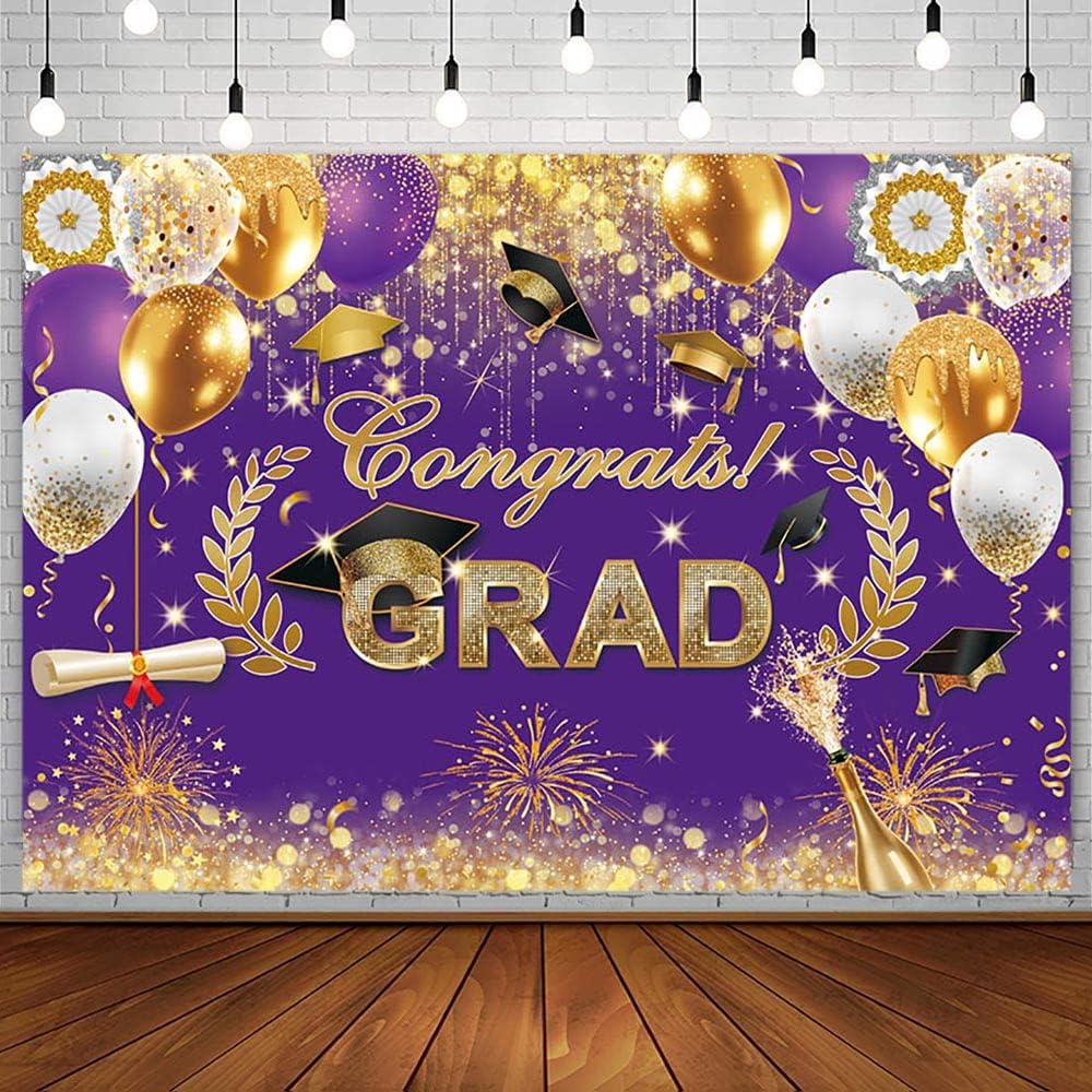7x5FT Congrats Grad Backdrop - Black Gold Glitter Graduation Photography Background