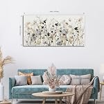 Grand cadre mural floral Art gris crème brune fleurs toile photos abstraite toile botanique peinture Artwork simple vie mur Décor pour salon chambre à coucher cuisine Maison Bureau Décoration 147L x 74W cm