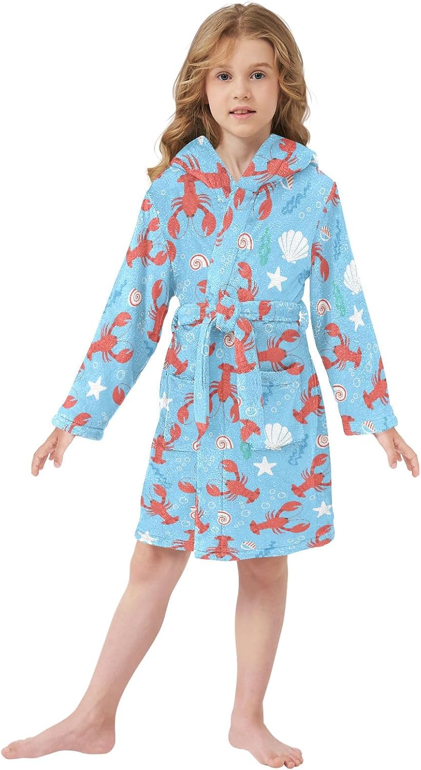 Cartoon Crayfish Shells Toddler Hooded Bathrobe for Boys Girls Soft Plush Bath Towel Robe 2-12 Years
