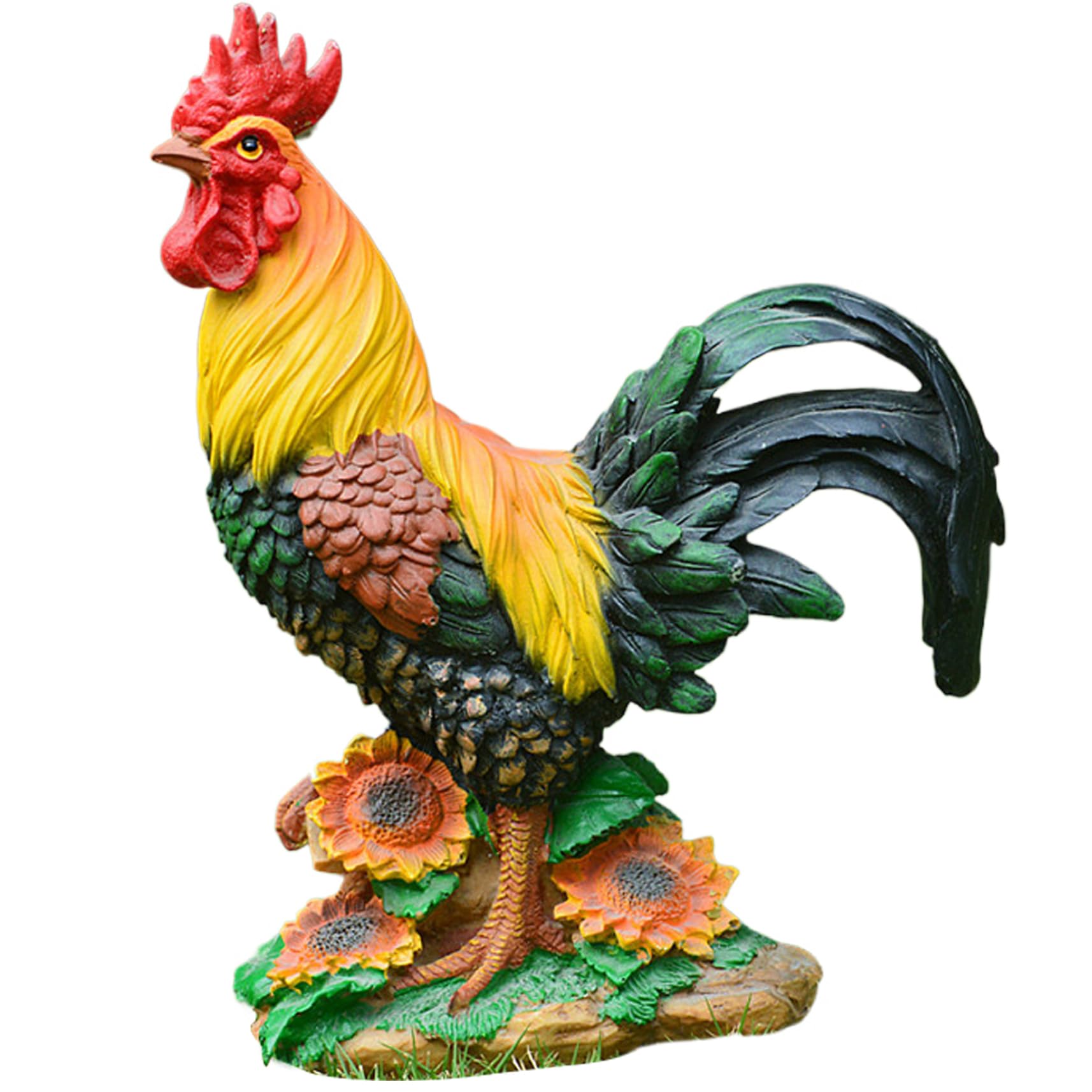 Peosaard Rooster Statue Lifelike Vibrant Red and Yellow Resin Rooster Decor with Sunflower Base 11inch Decorative Chicken Statue for Outdoor Yard Garden