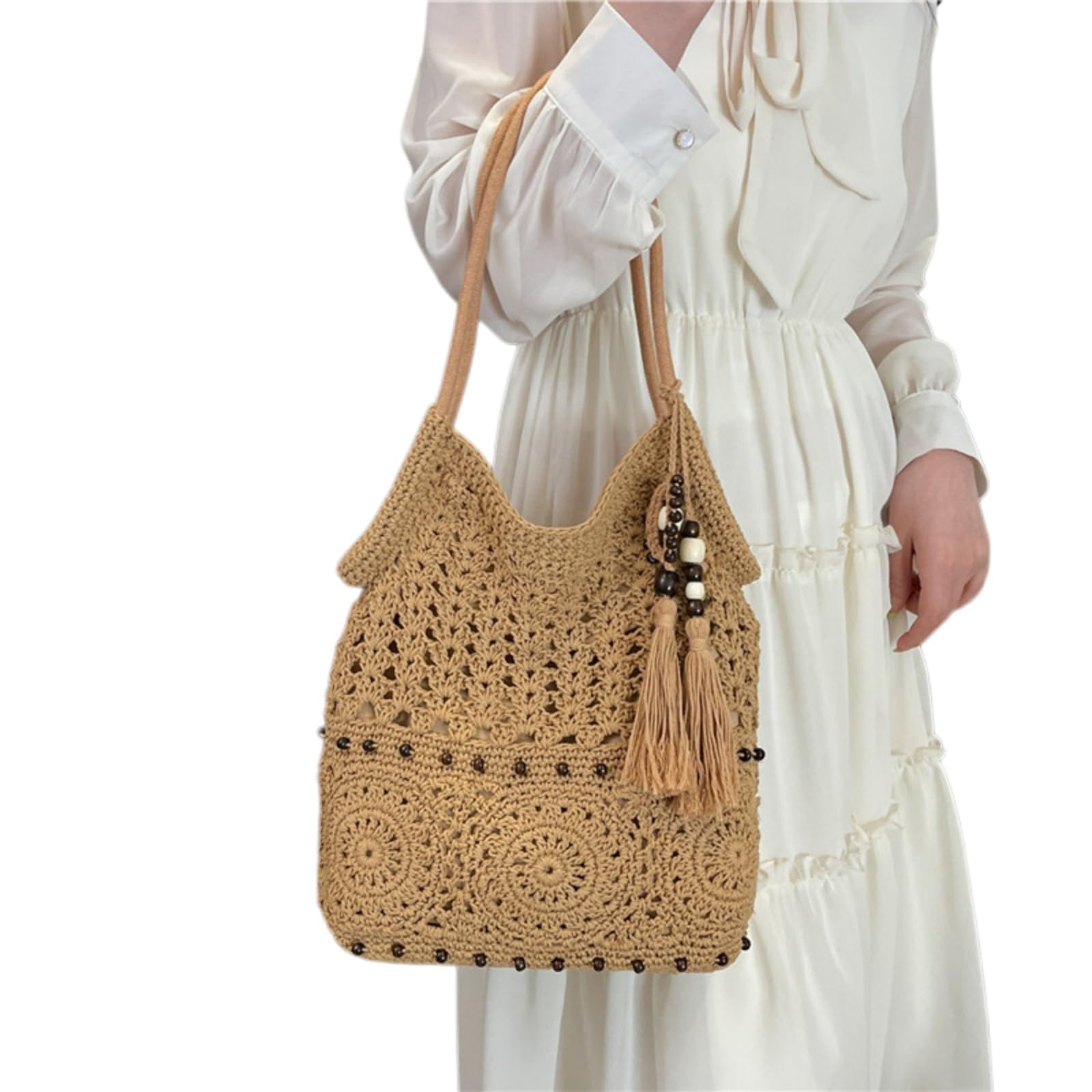 Beauty Case Donne Tassel Borsa Elegante Hollow out Design A Spalla Spiaggia Leggera per Le Vacanze Estive-Khaki