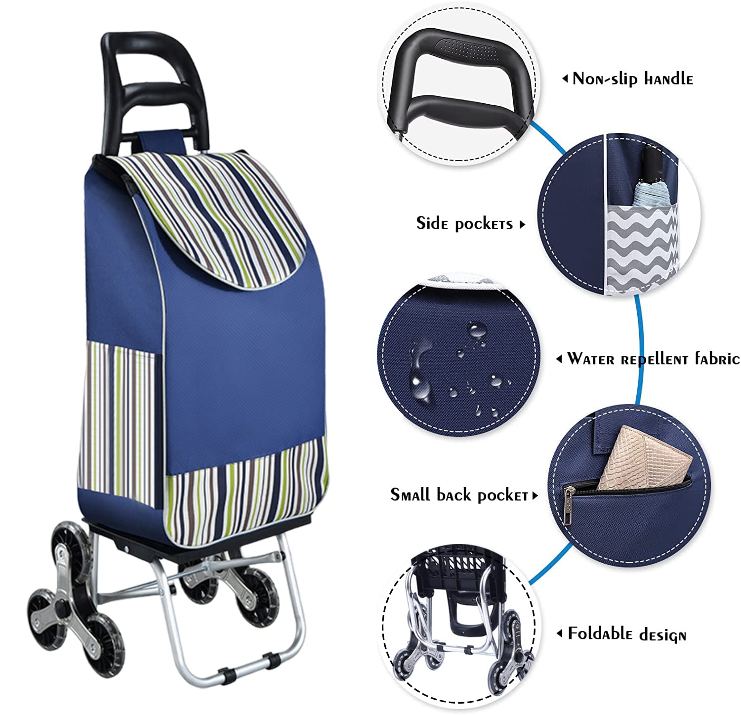 Zusammenklappbarer Einkaufstrolley auf 6 Rädern, Leichter 2-in-1-Einkaufswagen aus Aluminium mit Abnehmbarer Tasche, Treppensteig-Einkaufswagen (Blau 2)