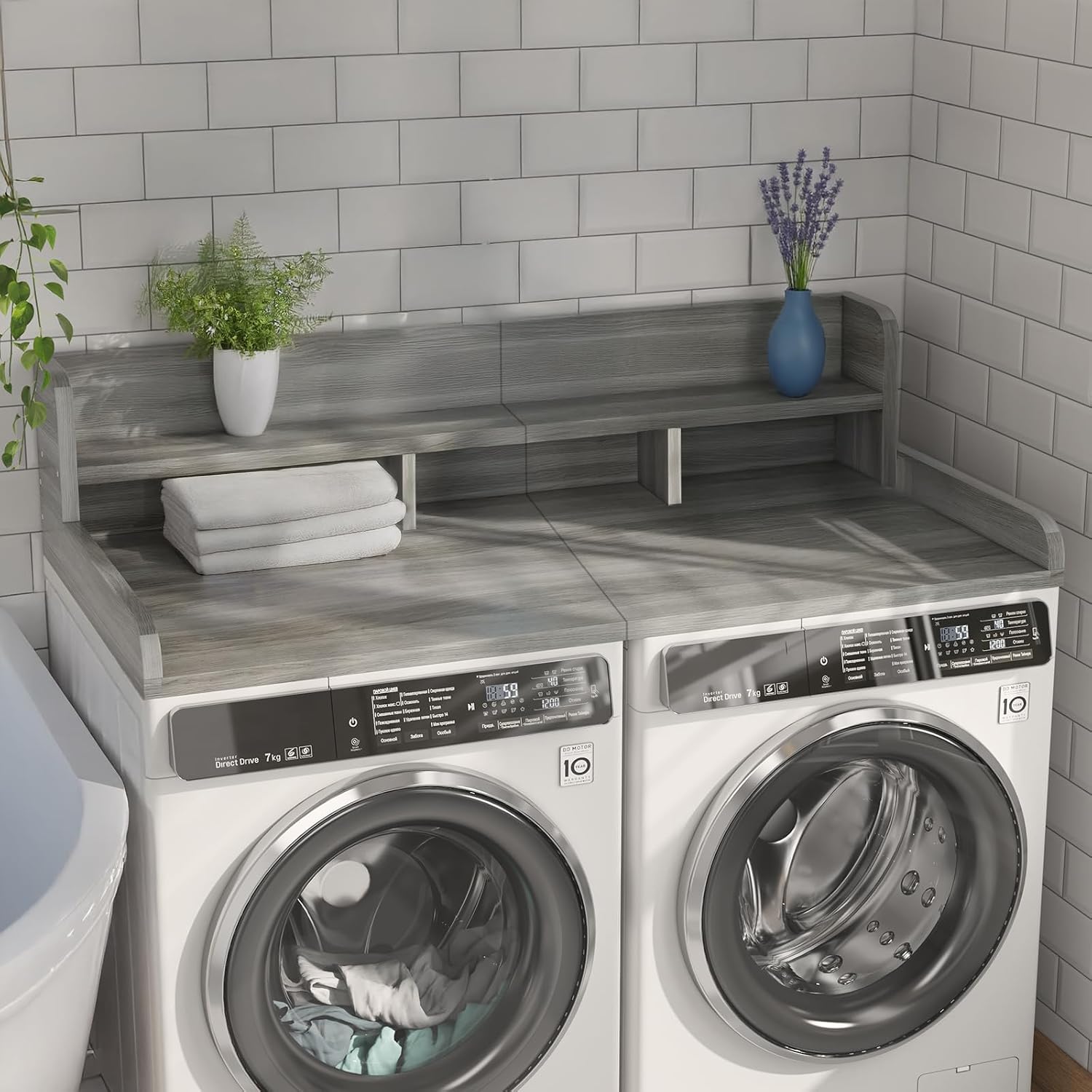 2-Tier Washer Dryer Countertop, Laundry Wood Shelf Topper with Non-Slip Pads, 54" W x 27.5" D Dryer Covers with Edge, for Laundry Room Organization (Gray Stripes)