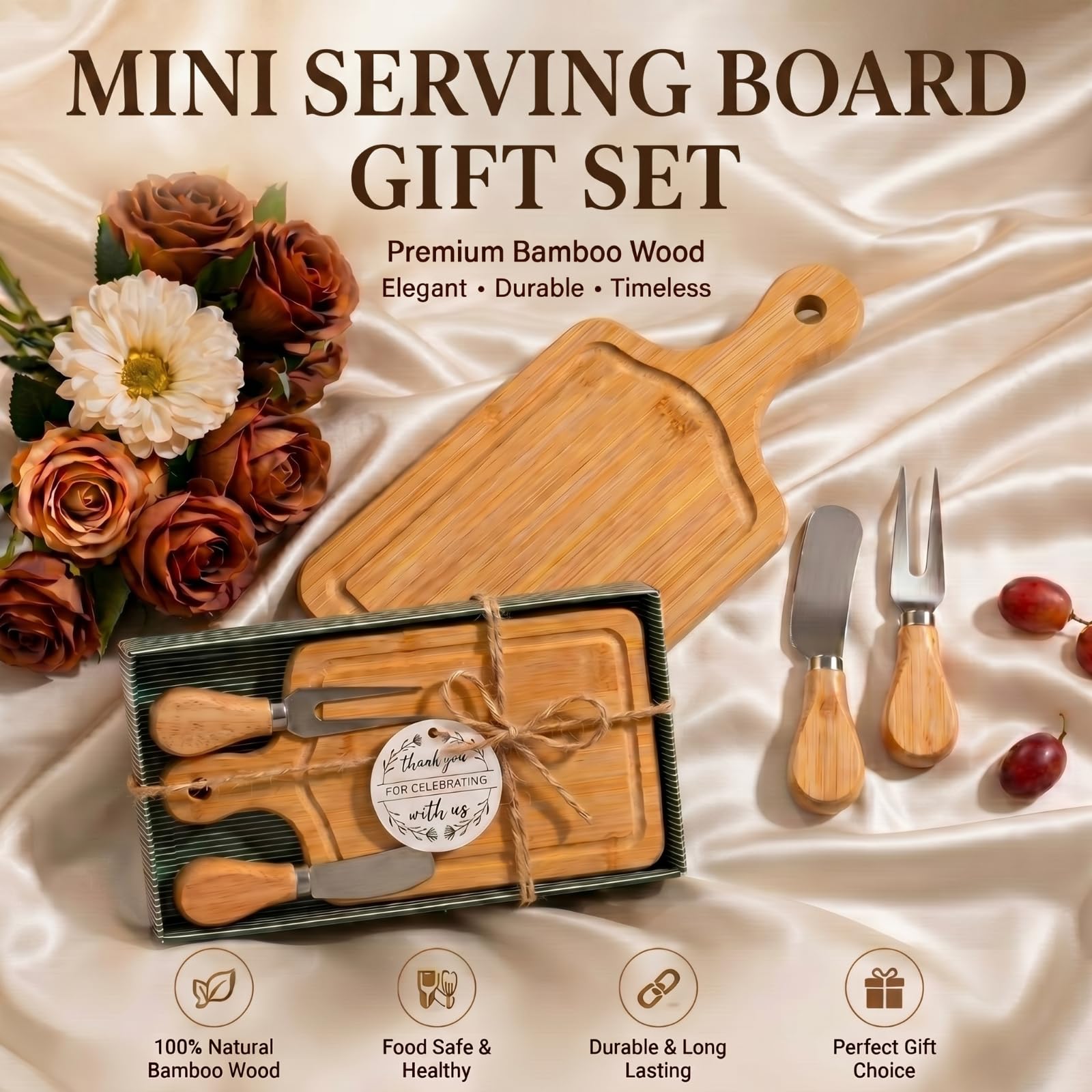 Ziliny Set di 2 taglieri quadrati in legno per formaggi, set regalo con coltelli, forchette e etichette di ringraziamento con scatola per gli ospiti per San Valentino, addio al nubilato, baby shower,