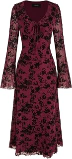 CIDER Women's Floral Velvet Dress Mesh Long Sleeve Maxi Dress | Ruffle V Neck Wedding Guest Dress, Elegant Fall Winter Outfits