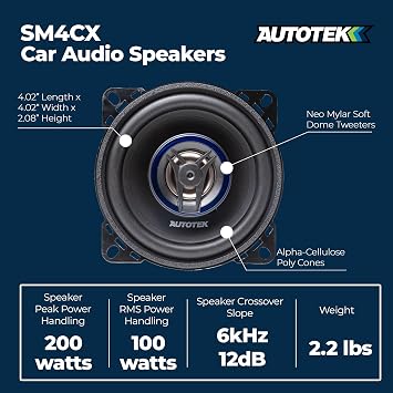 Autotek 2 Pack Street Machine 200W 4 Inch 2 Way Car Audio Coaxial Speakers with Neo Mylar Soft Dome Tweeters for Crystal Clear Sound