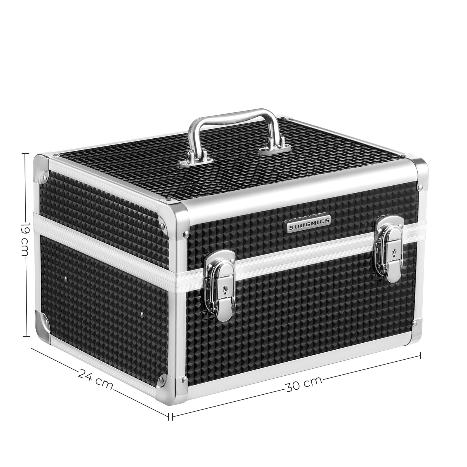 SONGMICS Kosmetikkoffer, Make-up Koffer für Reisen, Schminkkoffer, Aufbewahrung, für Friseure und Visagisten, mit herausnehmbarem Tablett, mit Schlössern, schwarz JBC328B01