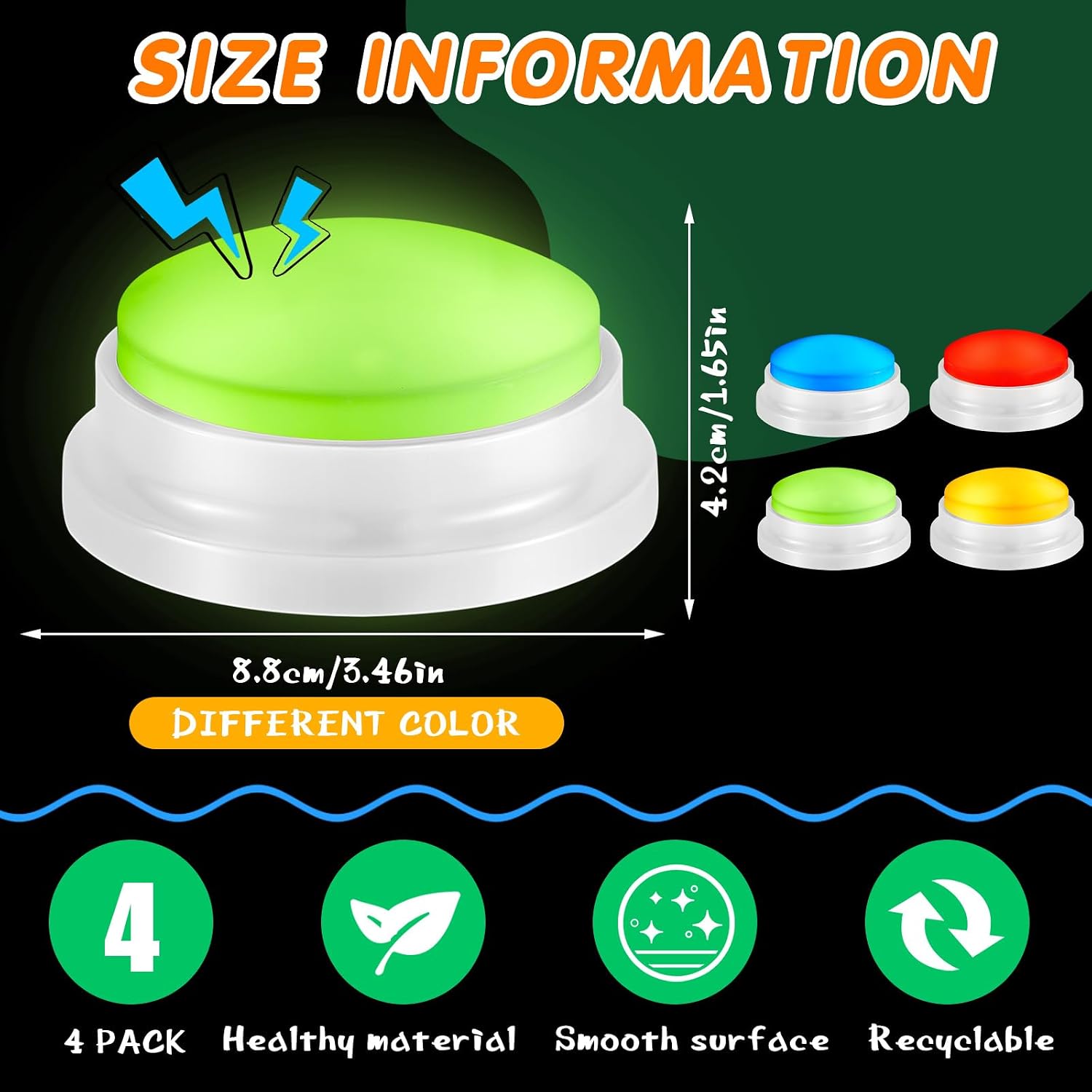 Honoson 4 Pcs Recordable Light up Buzzers for Trivia Games, Answer Buttons | Game Buzzer Set, Adult Quiz Trivia Night, Recordable Sound Button, ABS Durable, 4 Vibrant Colors, Party Fun