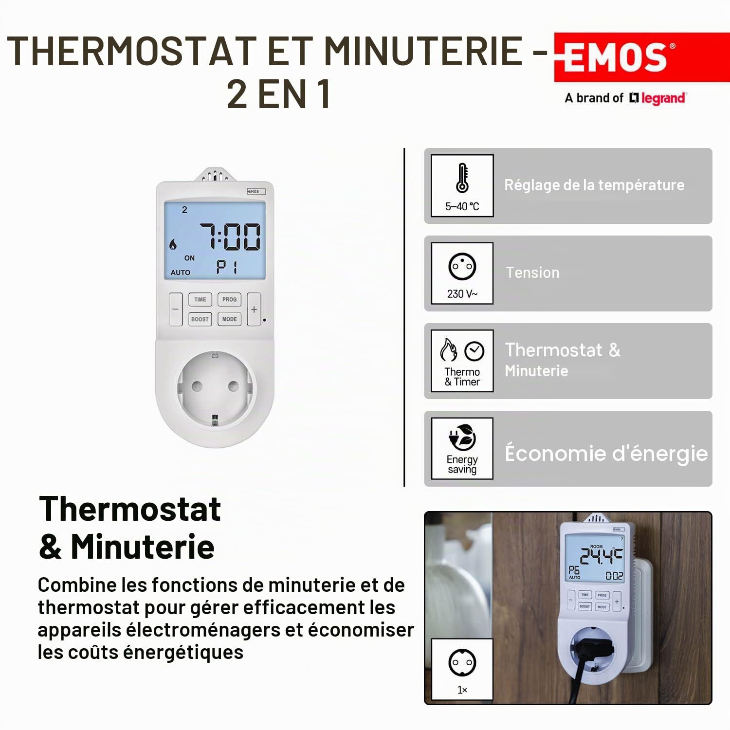 EMOS Thermostat 2 en 1 et minuterie, régulateur numérique de température ambiante et Prise de minuterie pour Chauffage et Refroidissement, radiateur, Chauffage Infrarouge, Aquarium, Terrarium, Serre